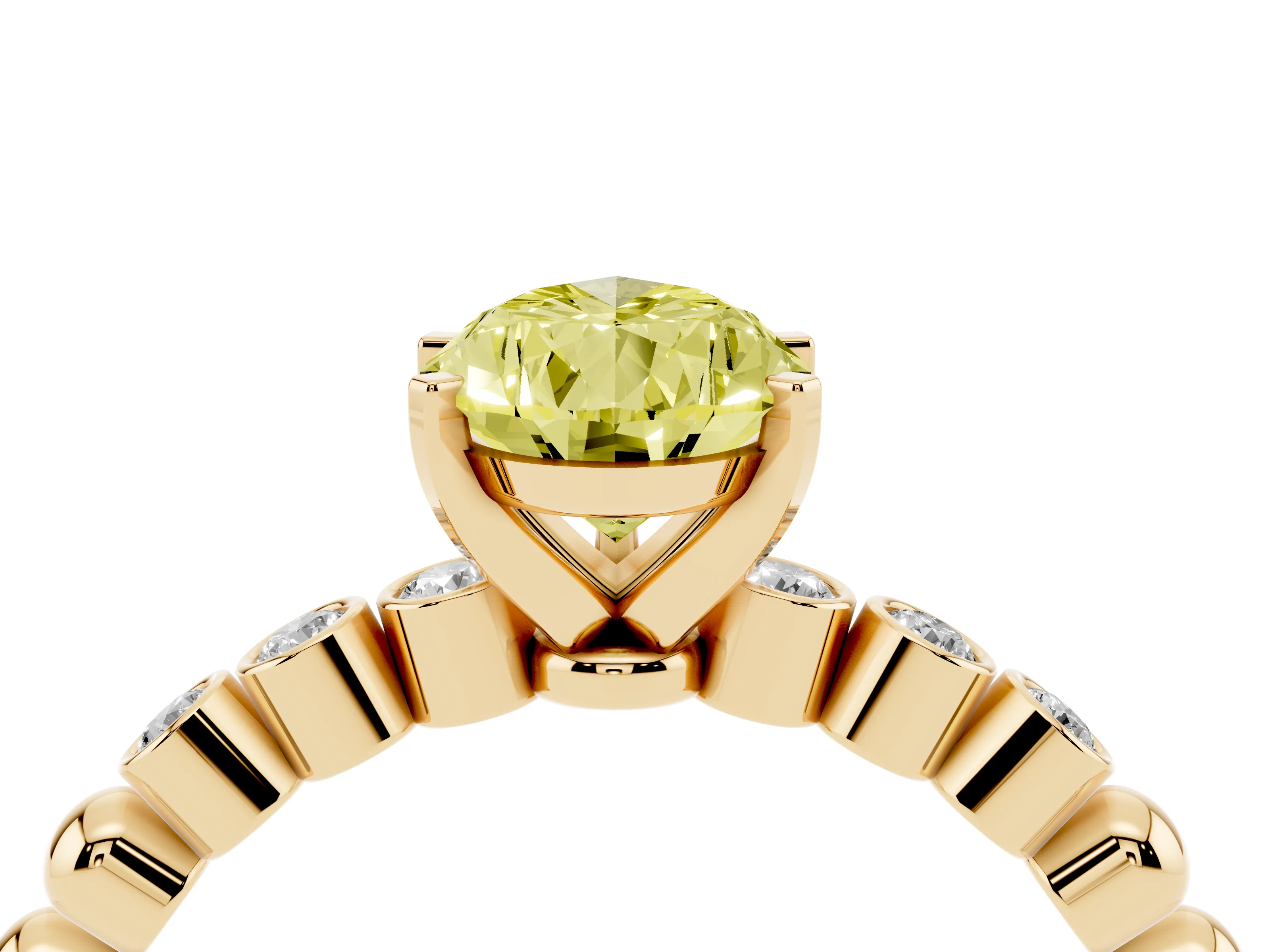 Fancy Yellow Pear Cut Diamond Solitaire Engagement Ring Set in Yellow gold with Bezel Accents on Beaded Band