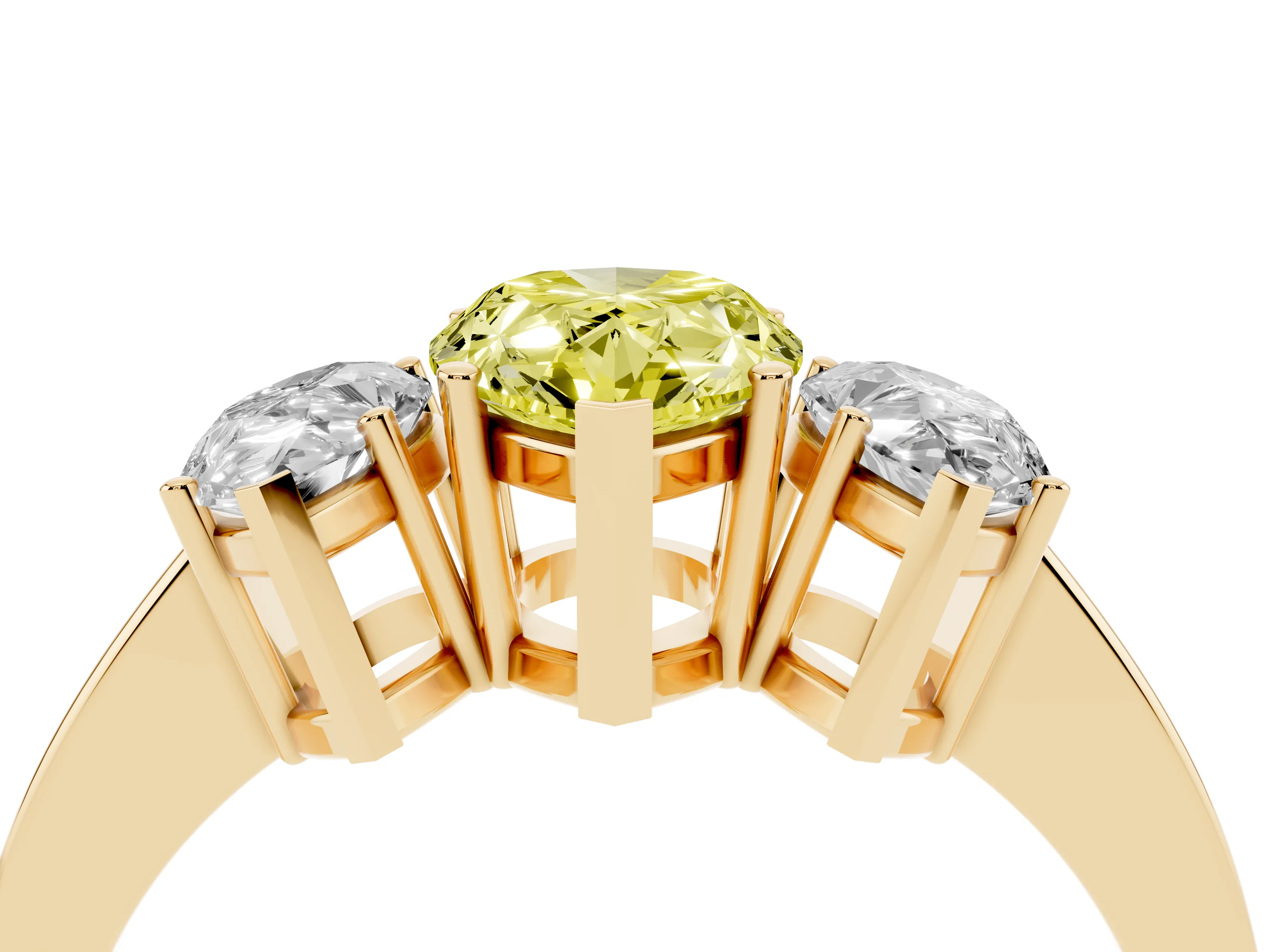 Fancy Yellow Pear Cut Diamond Three-Stone Engagement Ring Set in Yellow gold with Flat Band