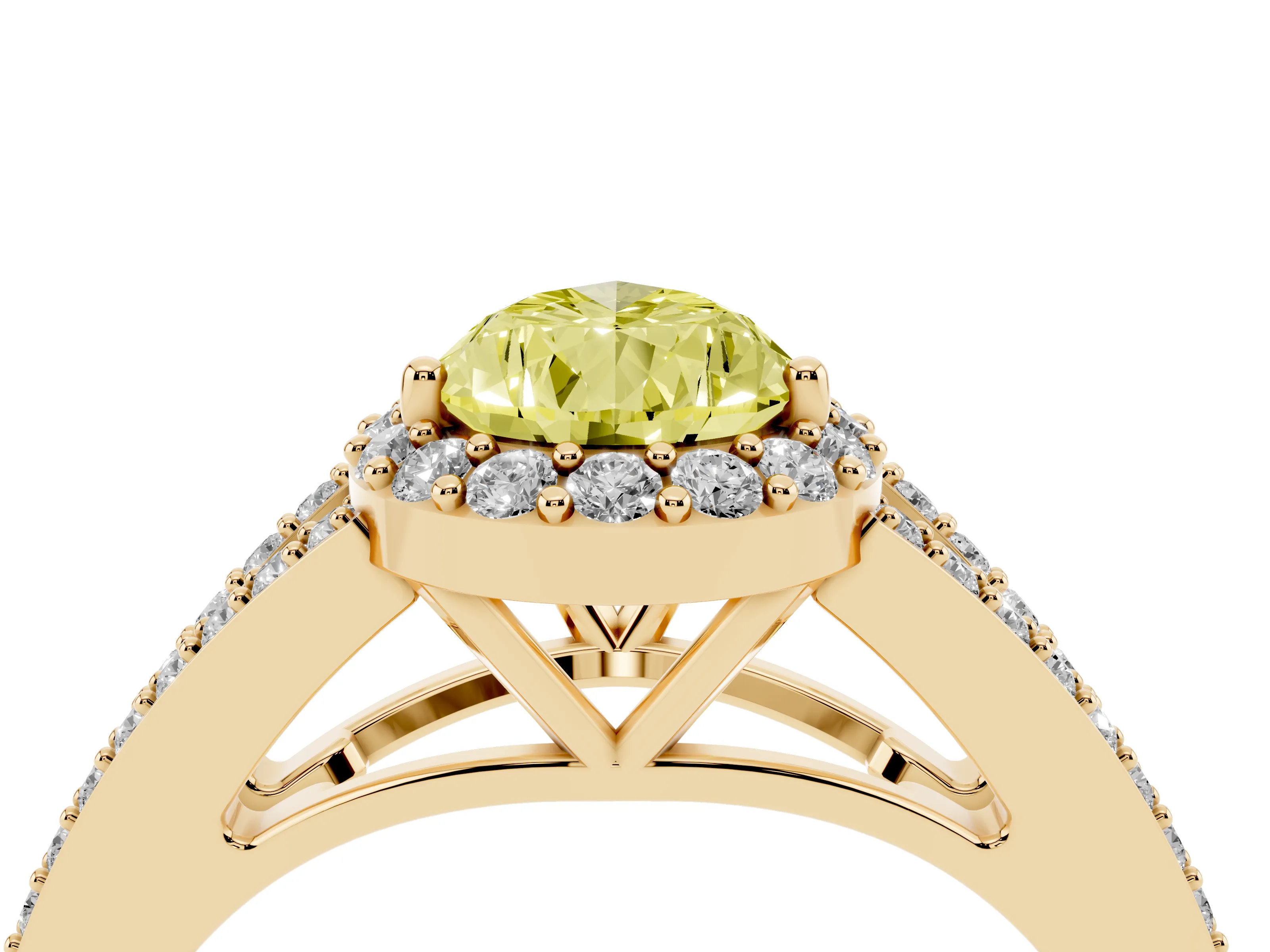 Fancy Yellow Pear Cut Diamond Halo Split Shank Pavé Ring Set in Yellow gold with Prong Setting