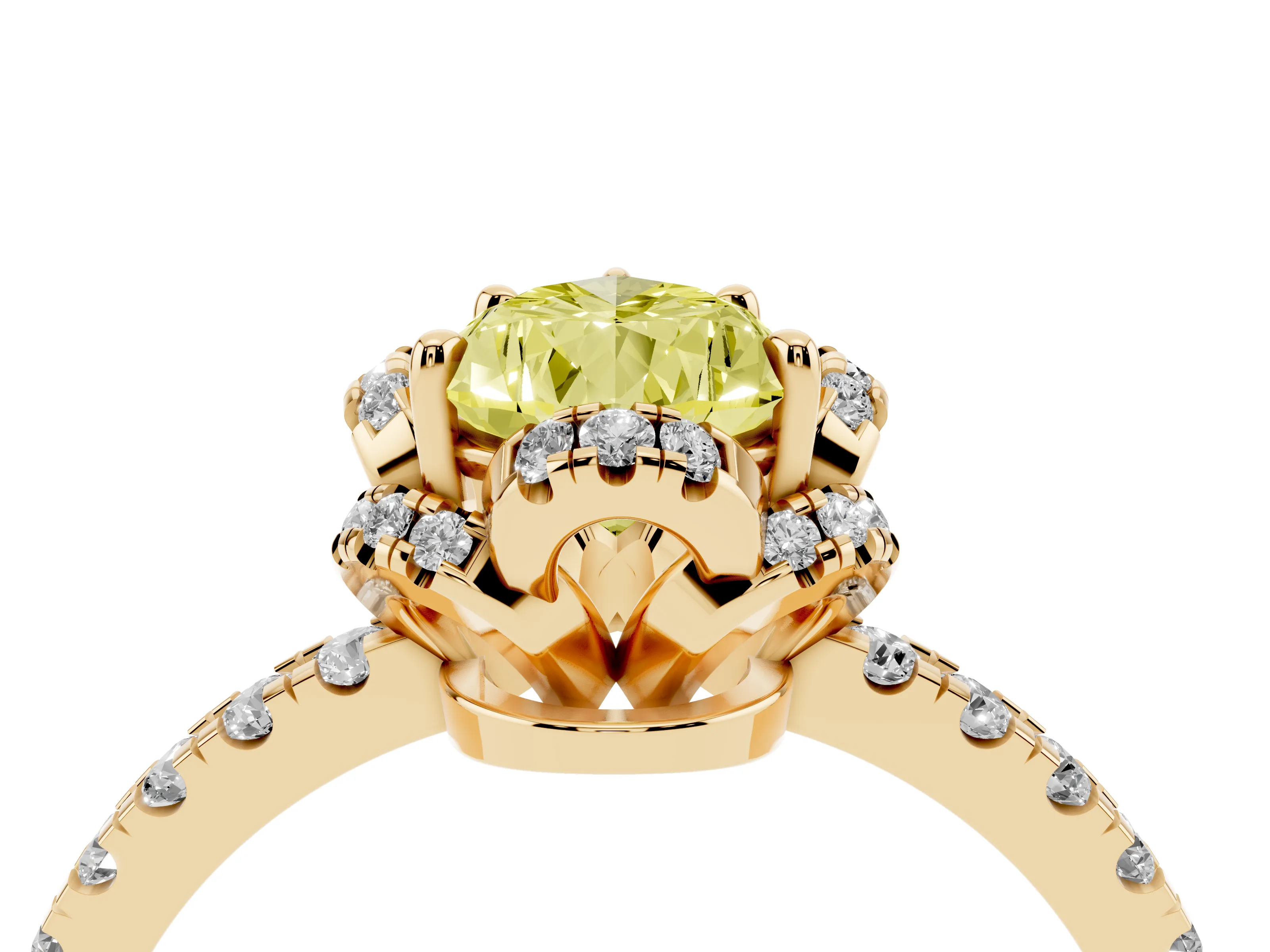 Fancy Yellow Pear Cut Diamond Halo Pavé Band Ring Set in Yellow gold with Prong-Held Center