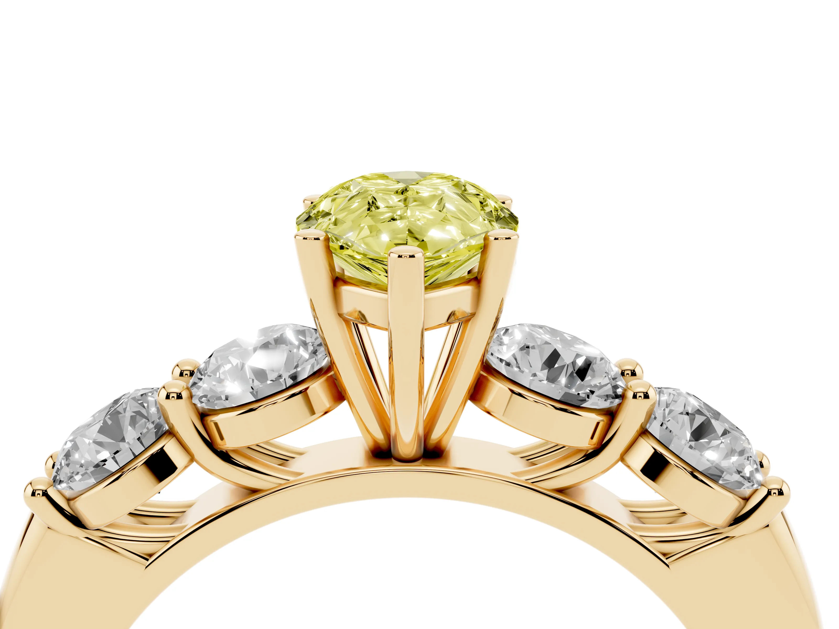 Fancy Yellow Pear Cut Diamond Five-Stone Prong Set Ring Set in Yellow gold with Classic Band