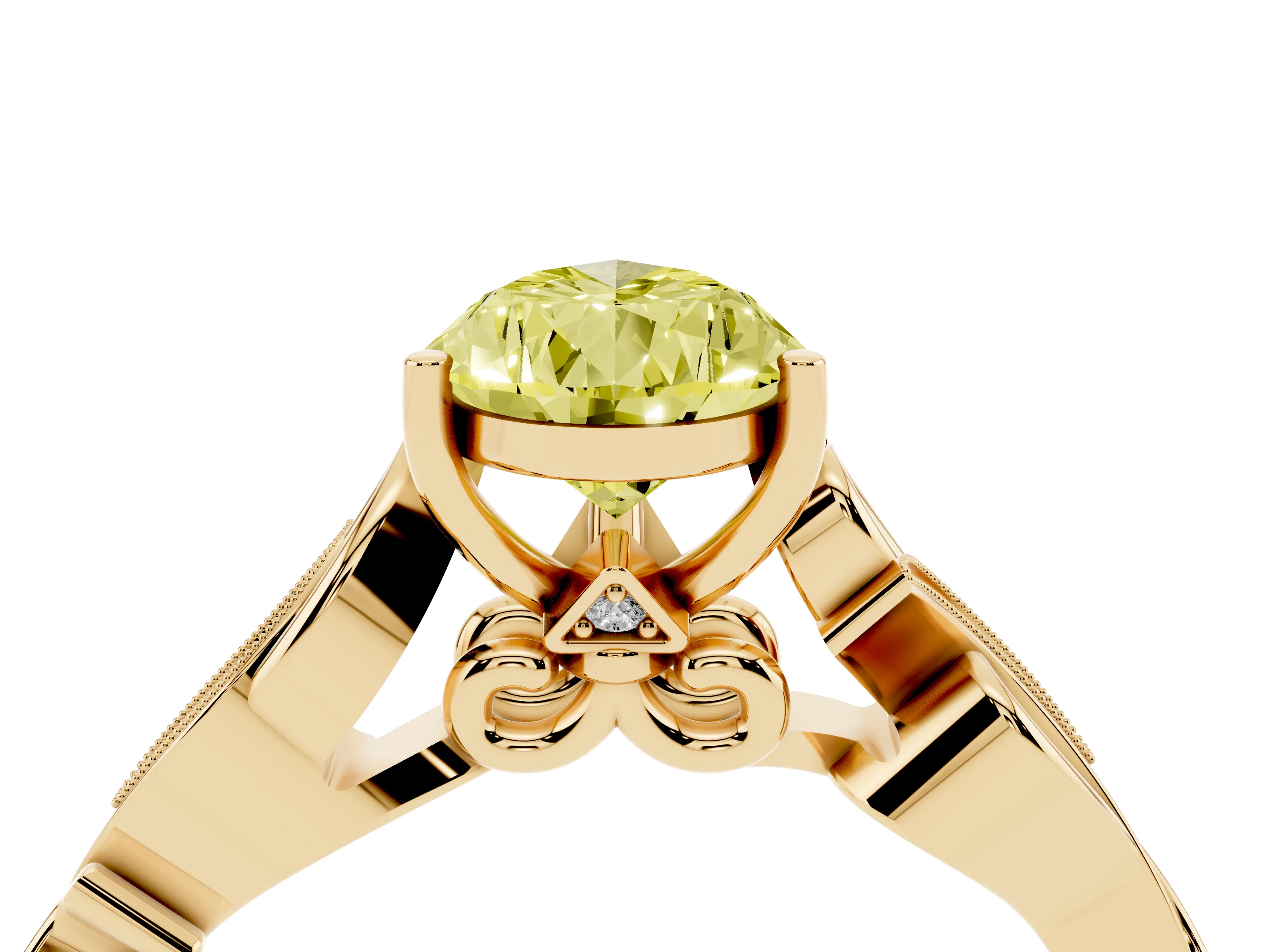Fancy Yellow Pear Cut Diamond Vine Band Solitaire Ring Set in Yellow gold with Milgrain Prong Setting