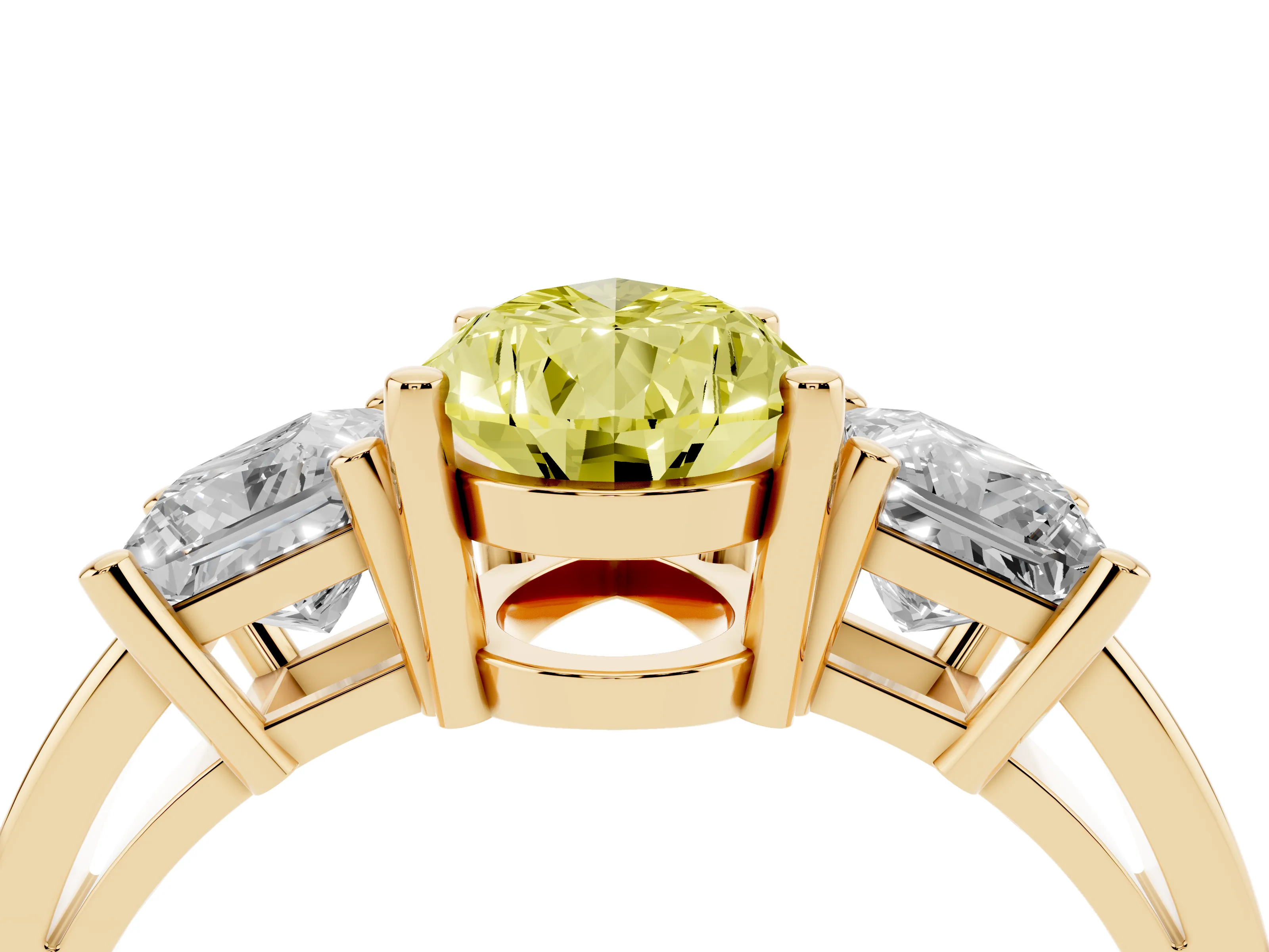 Fancy Yellow Three-Stone Pear Cut Diamond Solitaire Ring Set in Yellow gold with Prong Setting