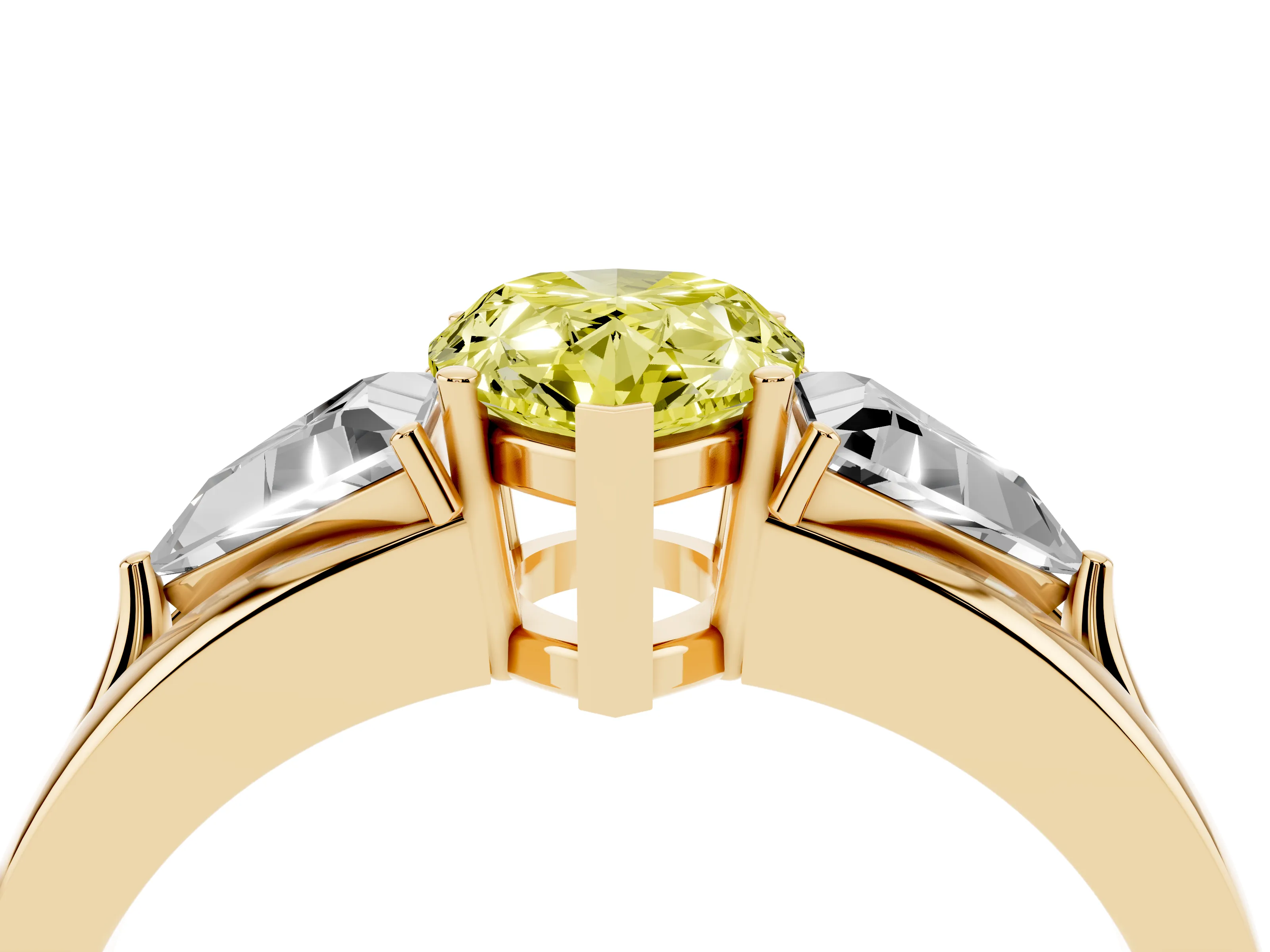 Fancy Yellow Pear Cut Diamond Three-Stone Ring Set in Yellow gold with Trillion Side Stones and Split Shank