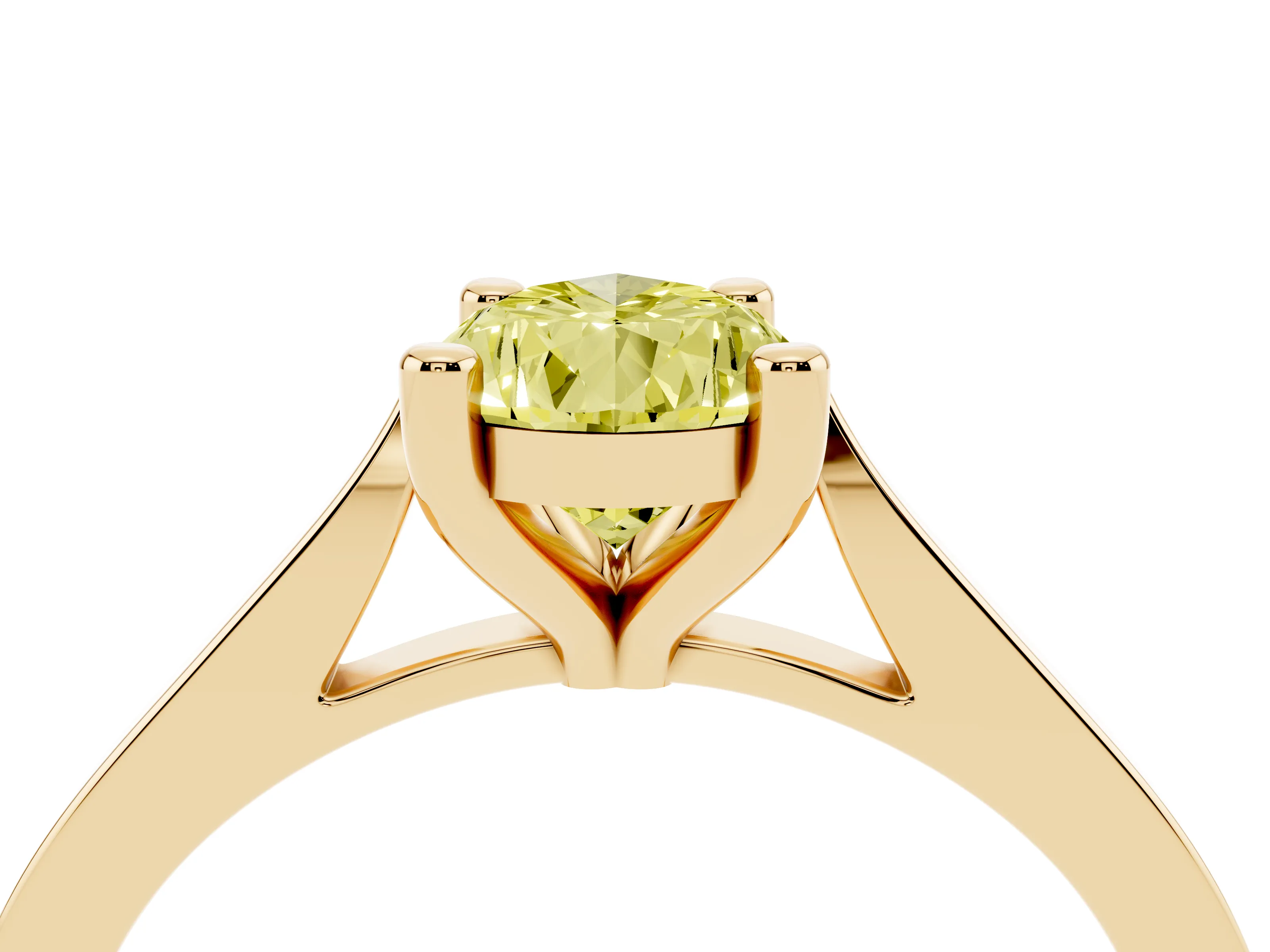 Fancy Yellow Pear Cut Diamond Solitaire Ring Set in Yellow gold with Prong Setting and Tapered Band