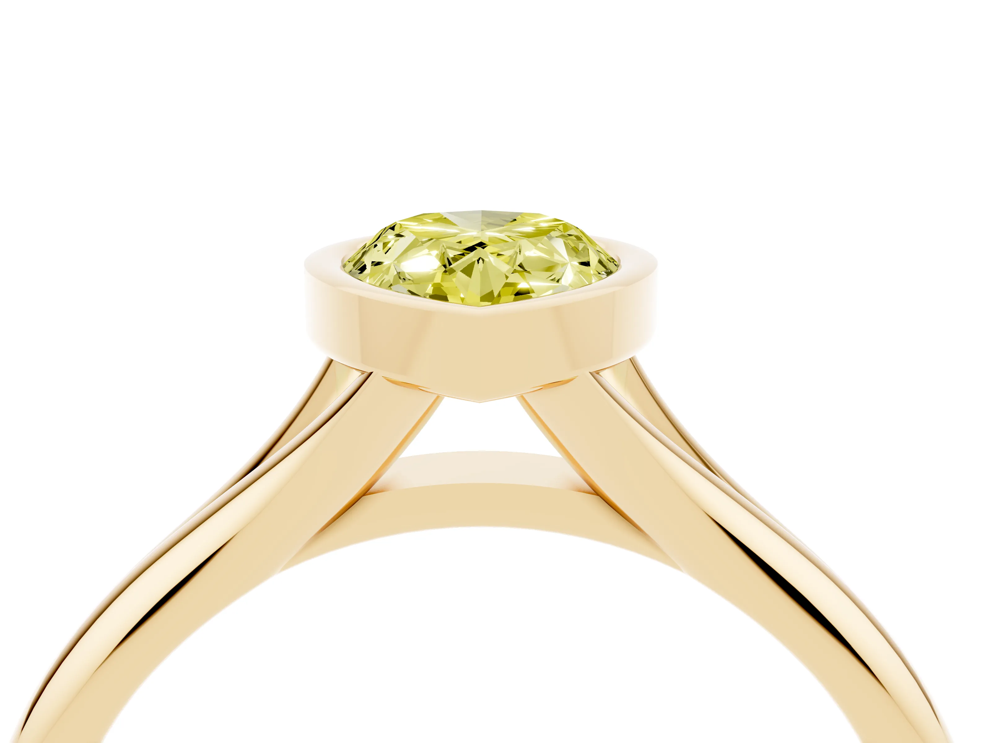 Fancy Yellow Bezel Set Pear Cut Diamond Solitaire Ring Set in Yellow gold with Smooth Band