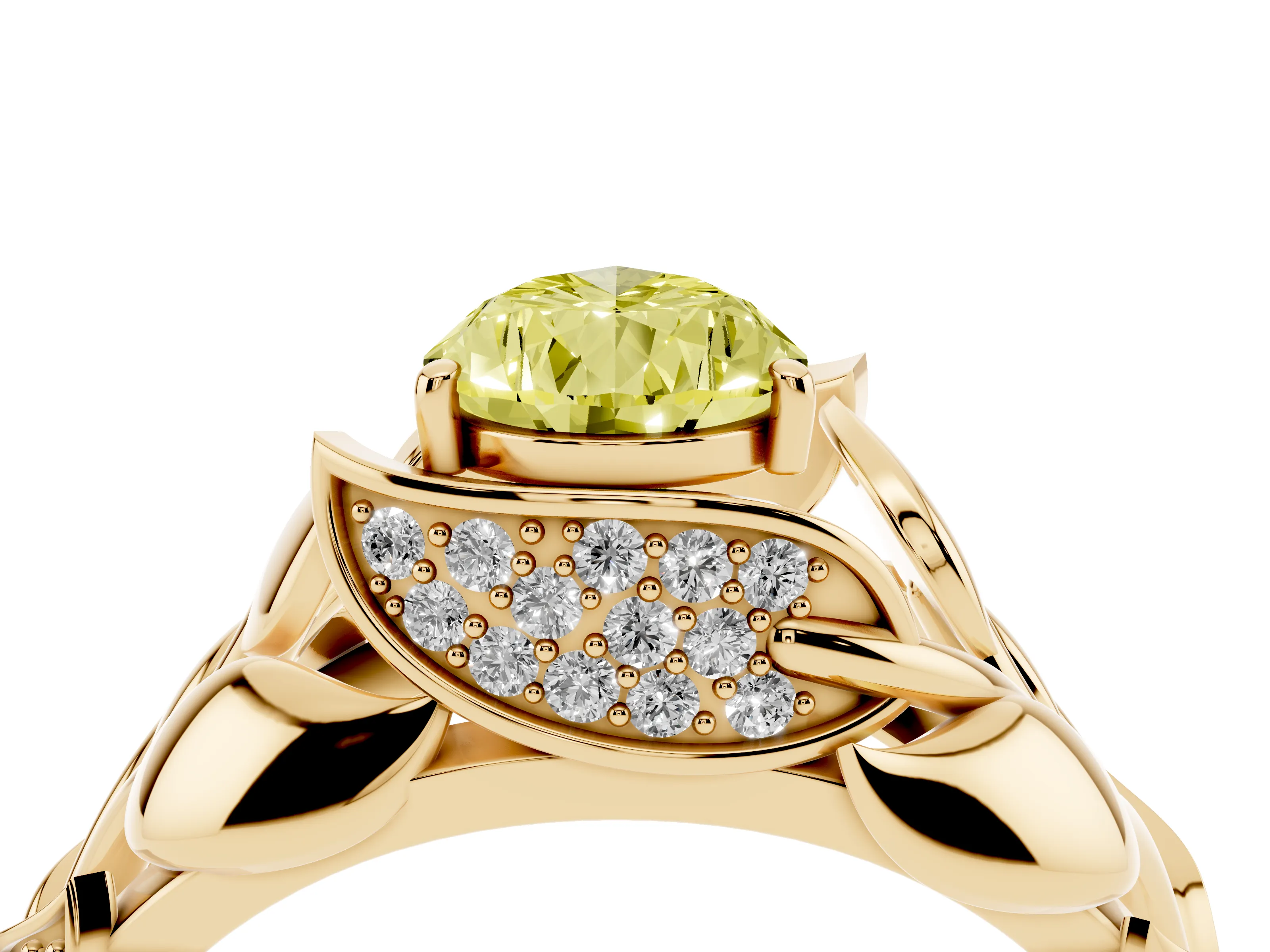 Fancy Yellow Pear Cut Diamond Leaf-Inspired Engagement Ring Set in Yellow gold with Round Accents