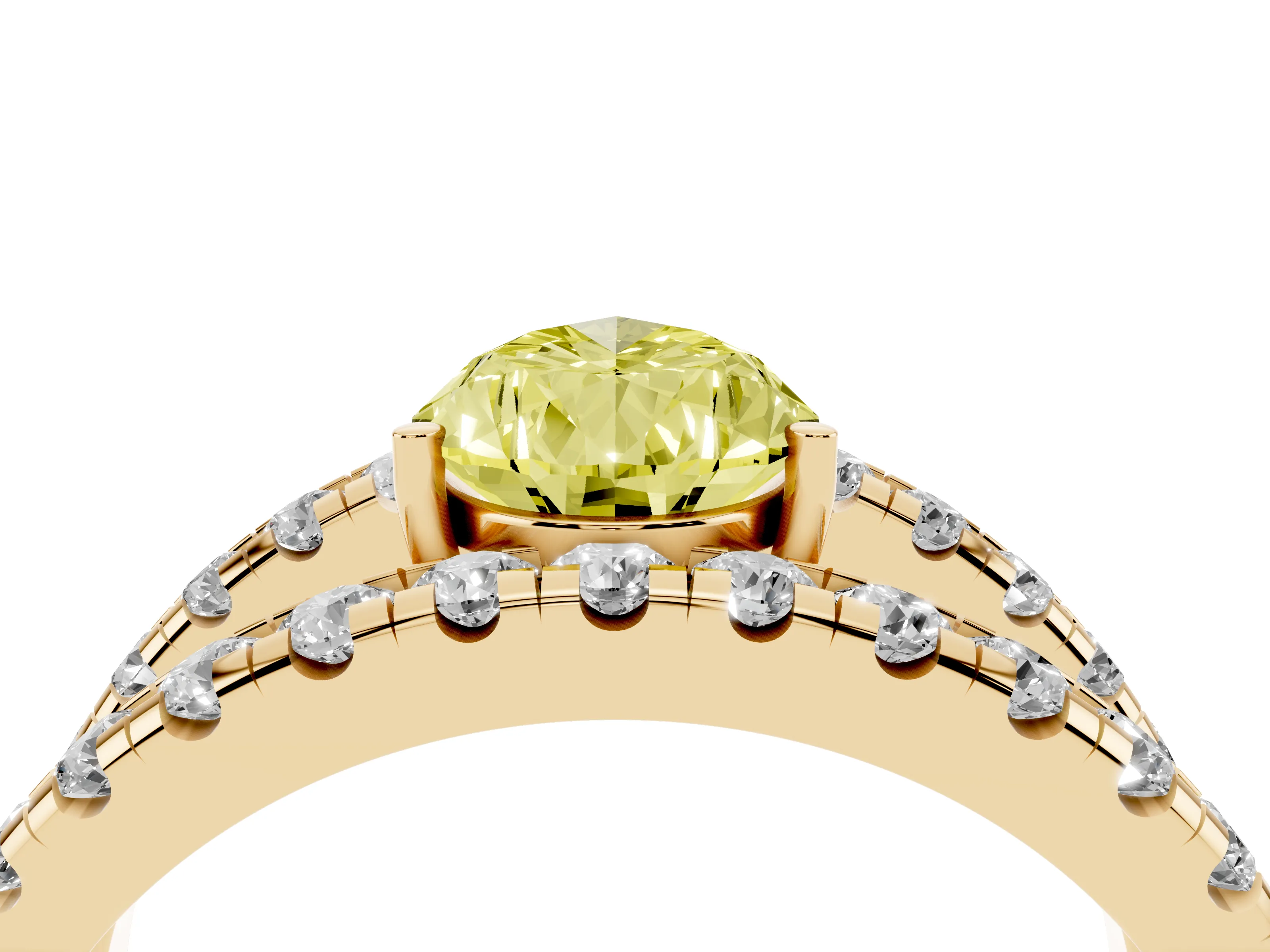 Fancy Yellow Pear Cut Diamond Split Shank Pavé Solitaire Ring Set in Yellow gold with Open Shank Design