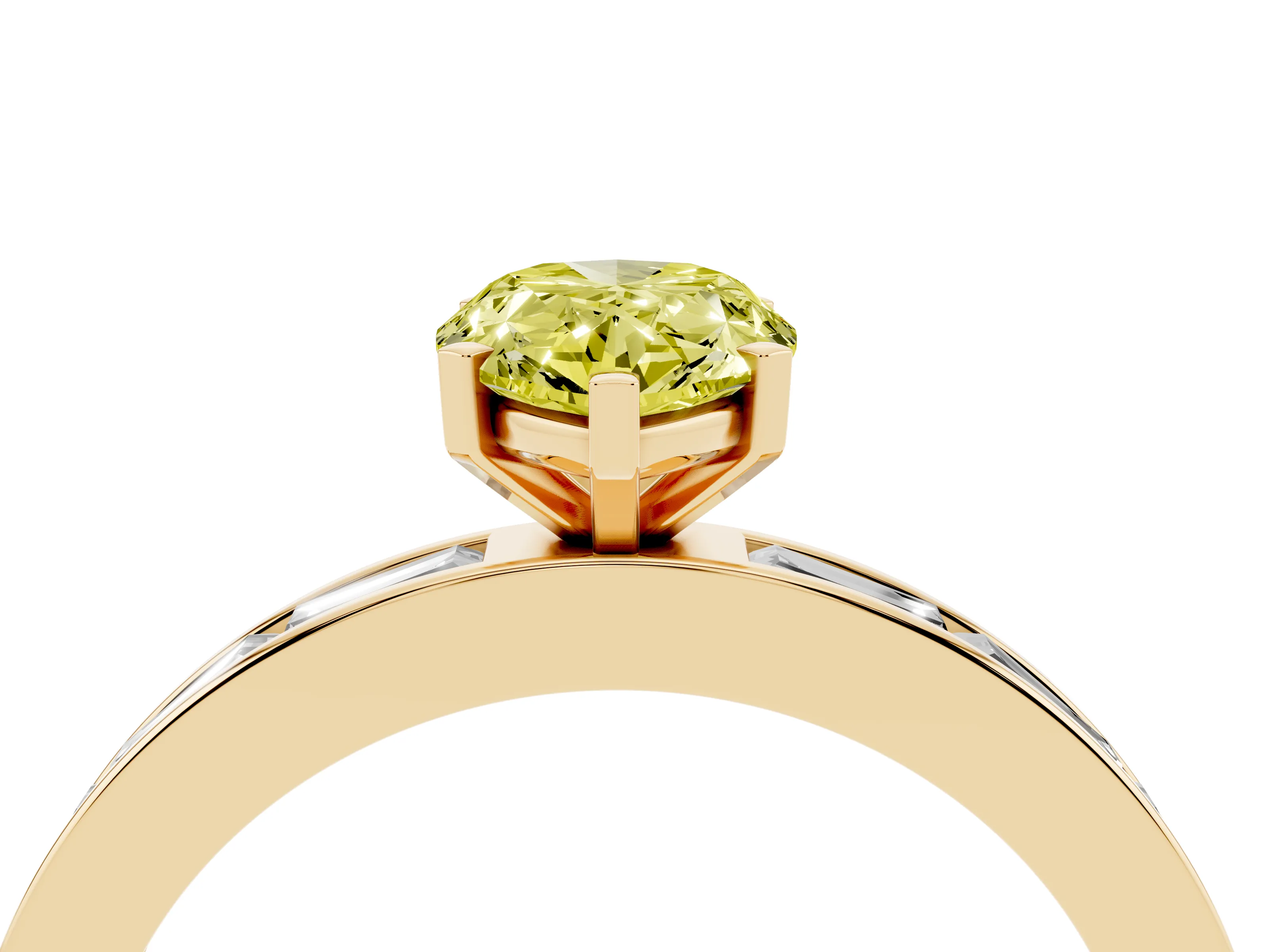 Fancy Yellow Pear Cut Diamond Solitaire Ring Set in Yellow gold with Channel-Set Baguette Band and Prong Setting