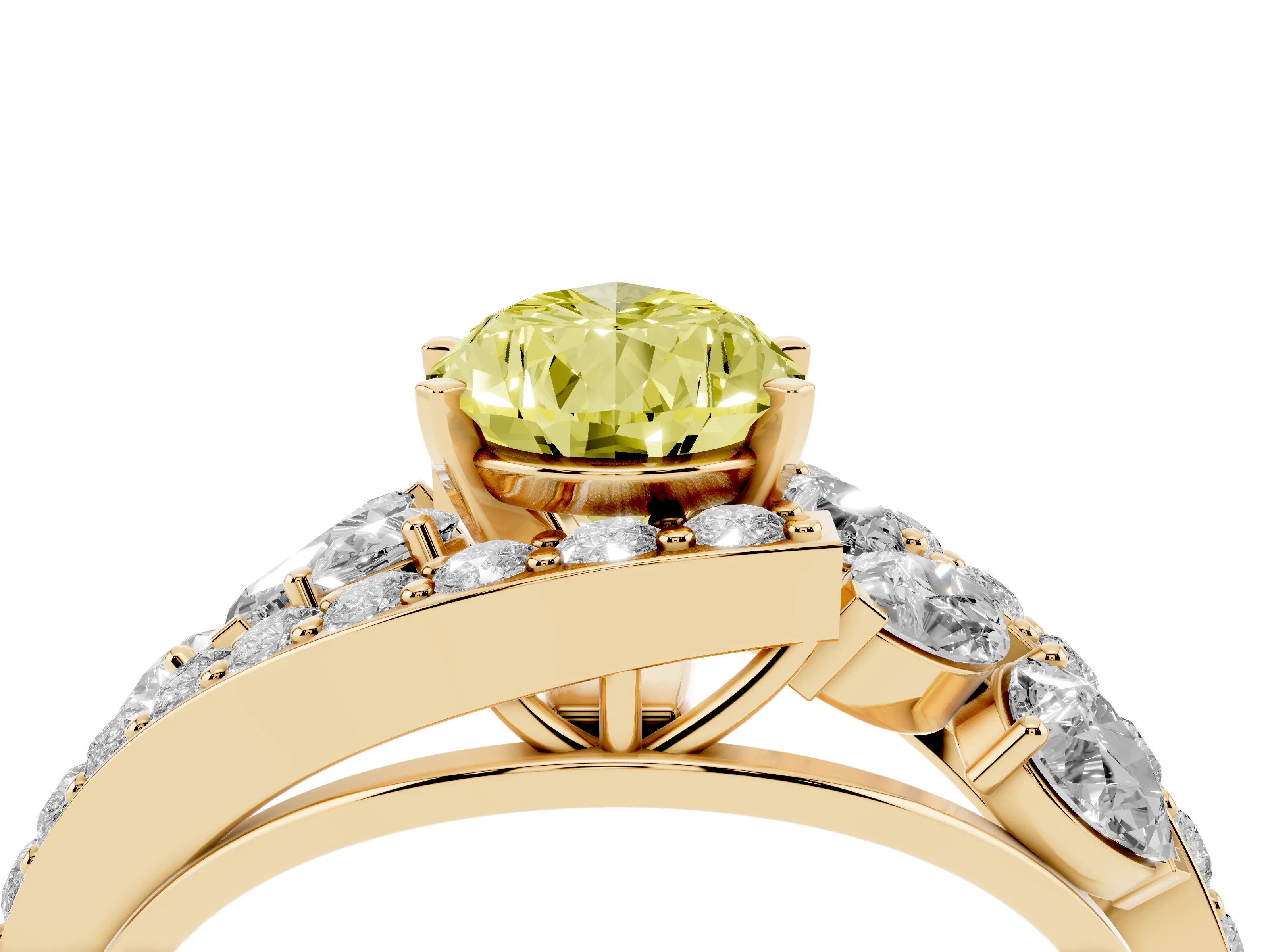 Fancy Yellow Pear Cut Diamond Halo Ring Set in Yellow gold with Marquise and Pavé Band in Prong Setting