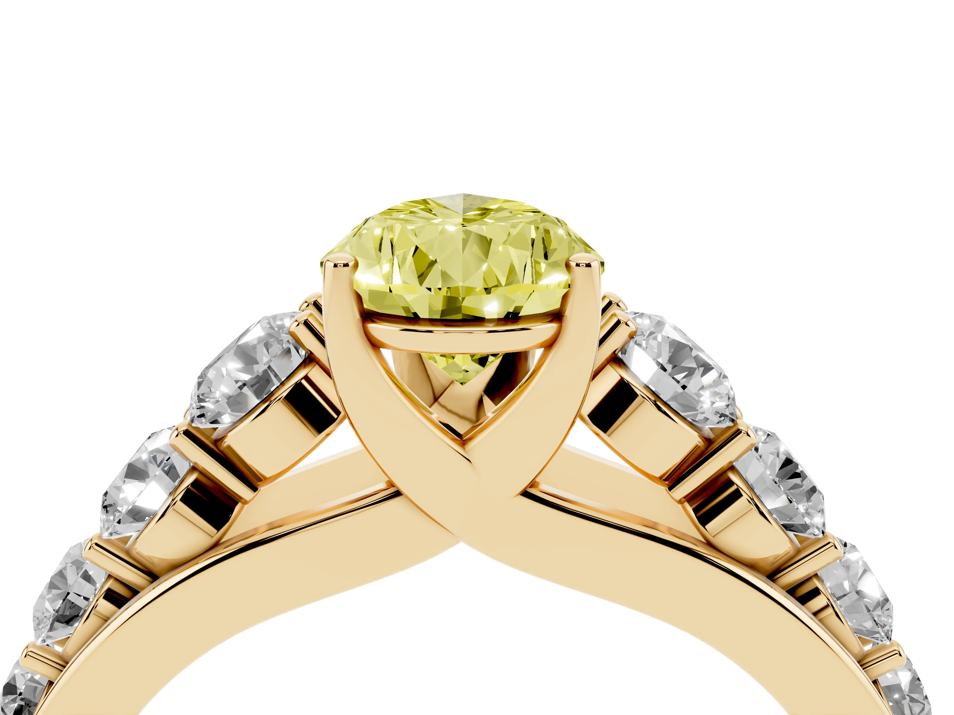 Fancy Yellow Pear Cut Diamond Solitaire Ring Set in Yellow gold with Pavé-Set Band and Prong Setting
