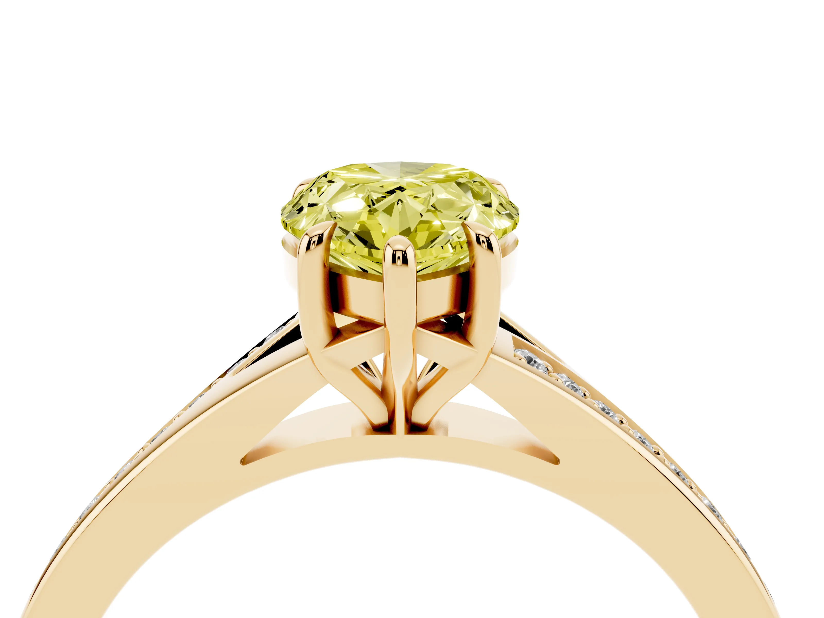 Fancy Yellow Pear Cut Diamond Solitaire Ring Set in Yellow gold with Pavé Accent Band and Classic Prong Setting
