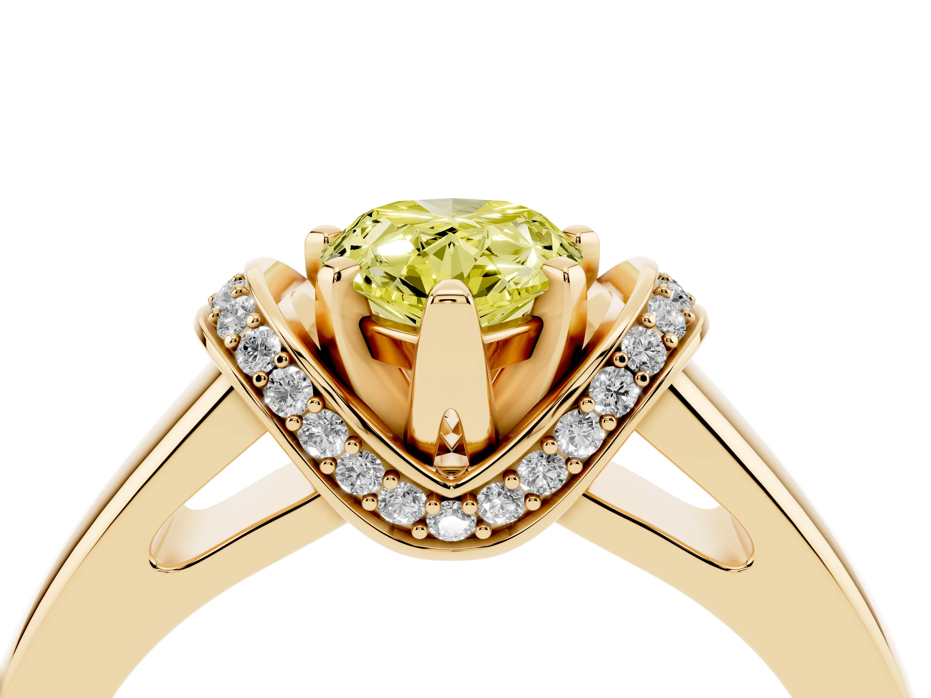 Fancy Yellow Pear Cut Diamond Pavé Band Solitaire Ring Set in Yellow gold with Prong Setting