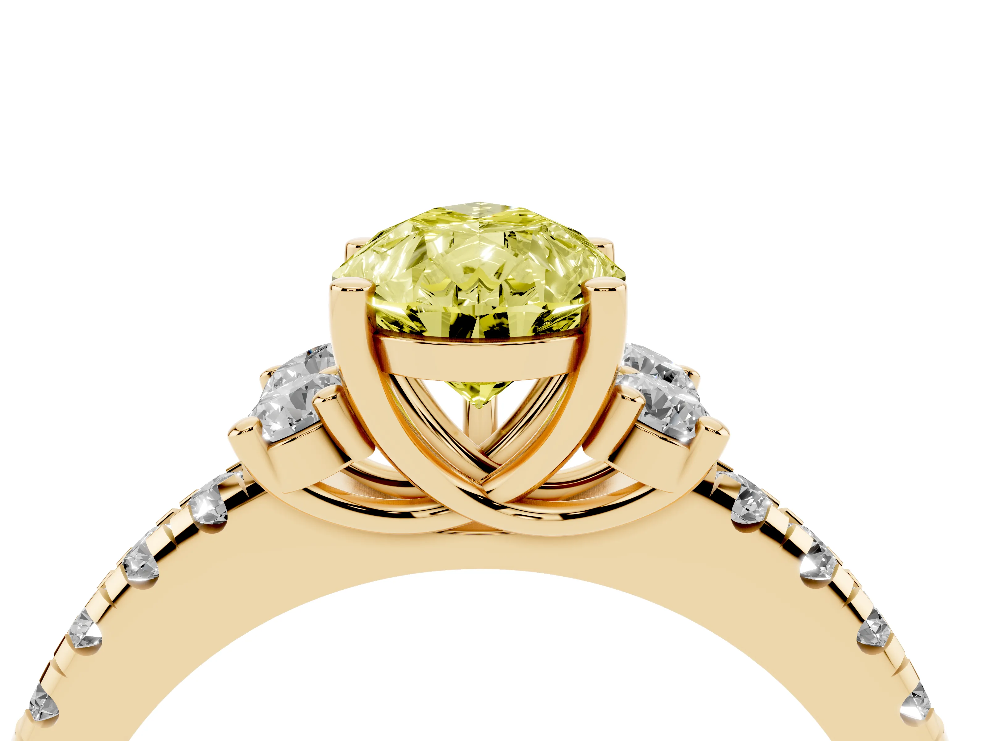 Fancy Yellow Pear Cut Diamond Three-Stone Pavé Ring Set in Yellow gold with Prong Setting