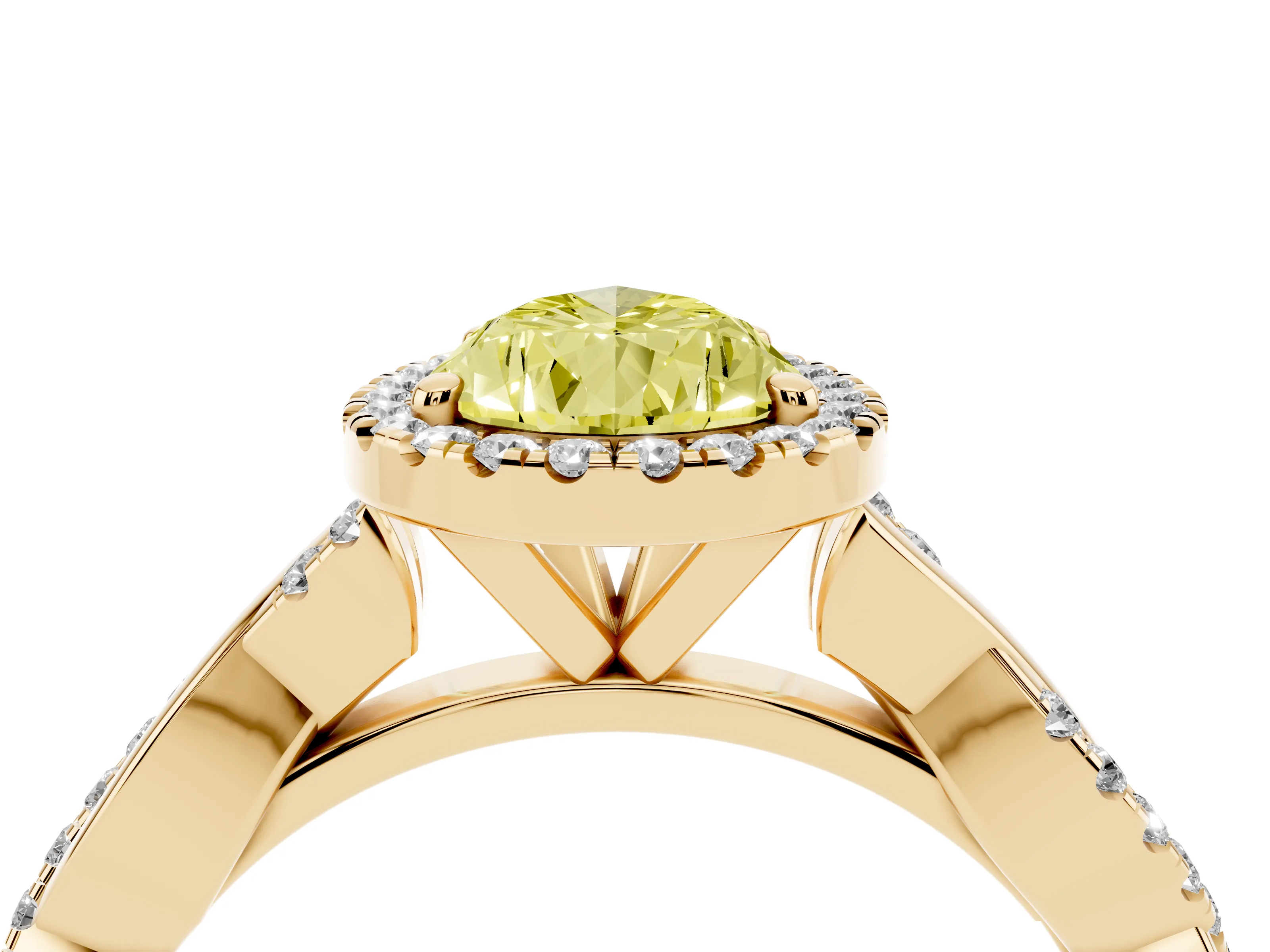 Fancy Yellow Pear Cut Diamond Halo Twisted Band Ring Set in Yellow gold with Prong Setting