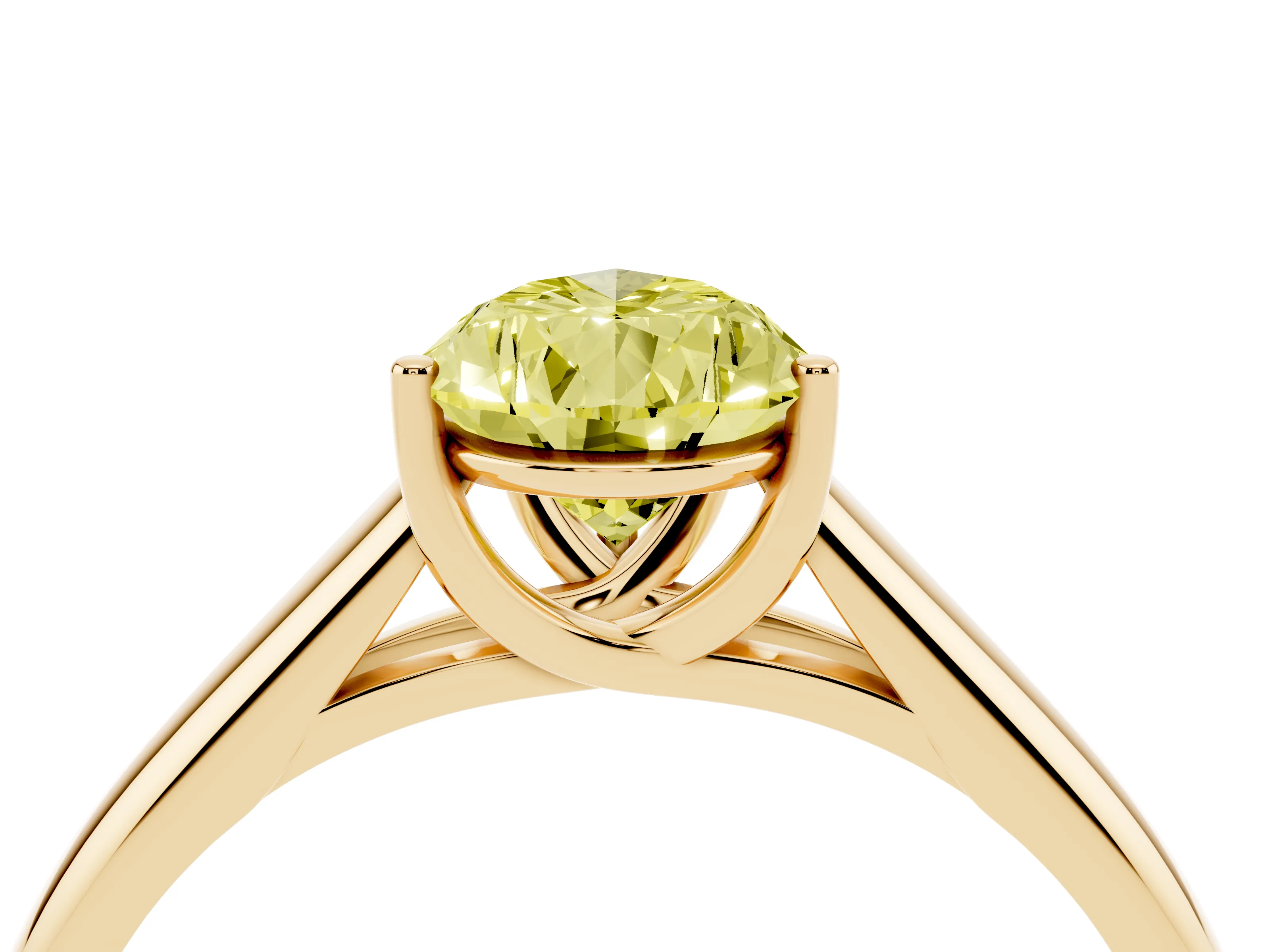 Fancy Yellow Pear Cut Diamond Solitaire Engagement Ring Set in Yellow gold with Subtly Tapered Band and Prong Setting