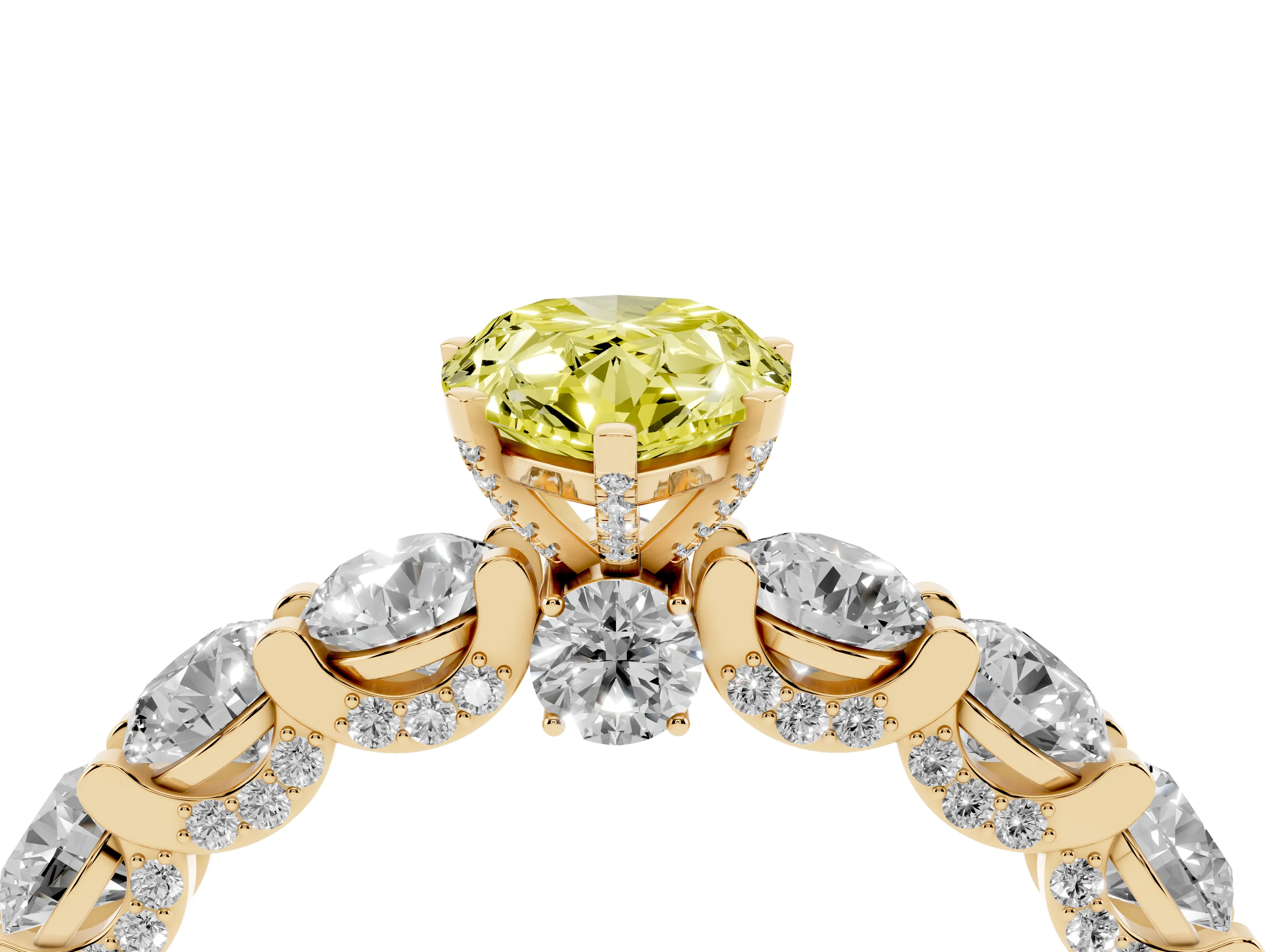 Fancy Yellow Pear Cut Diamond Side Stone Ring Set in Yellow gold with Alternating Round and Oval Side Stones