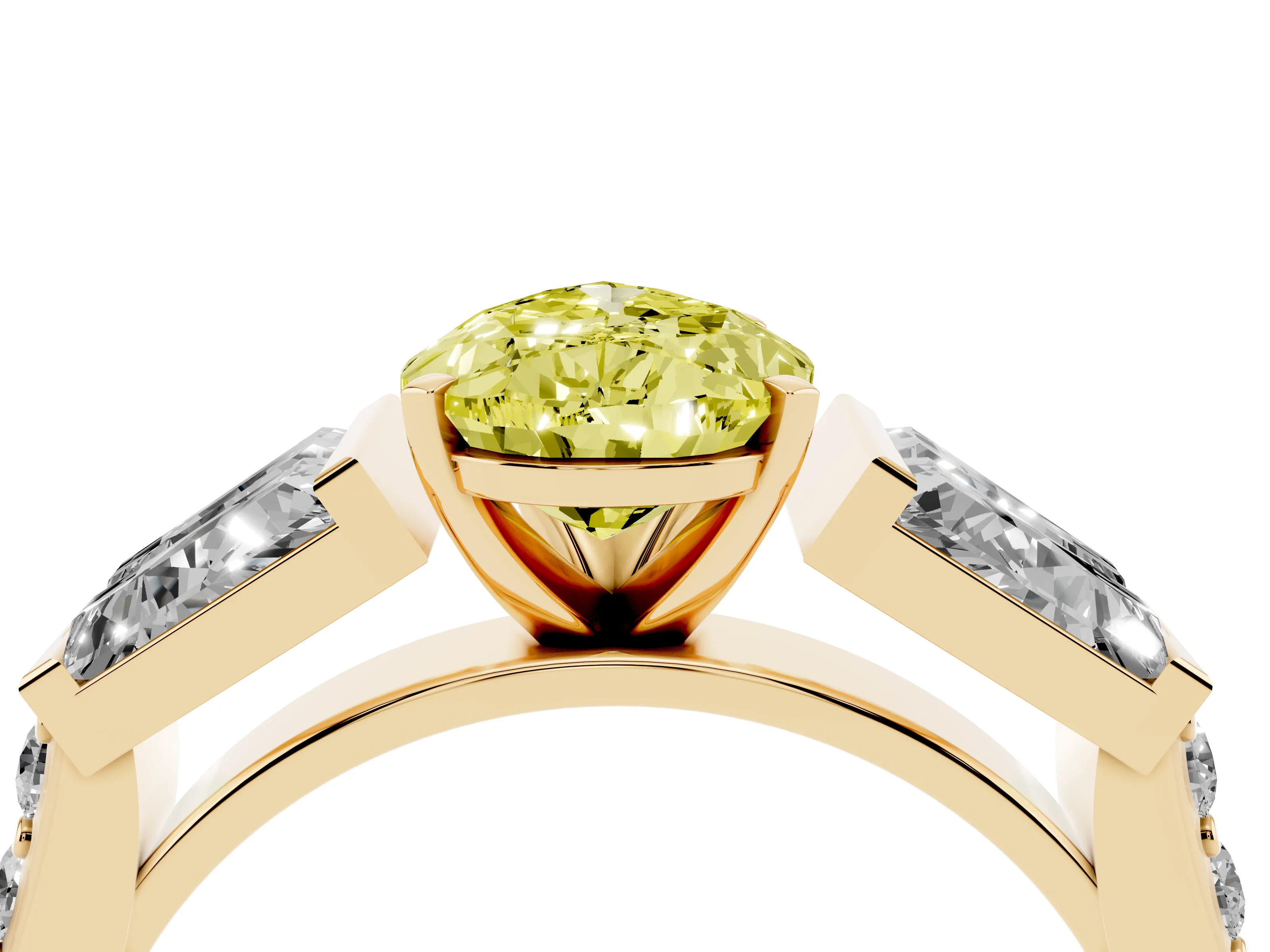 Fancy Yellow Pear Cut Diamond Engagement Ring Set in Yellow gold with Baguette Side Stones and Channel Set Band