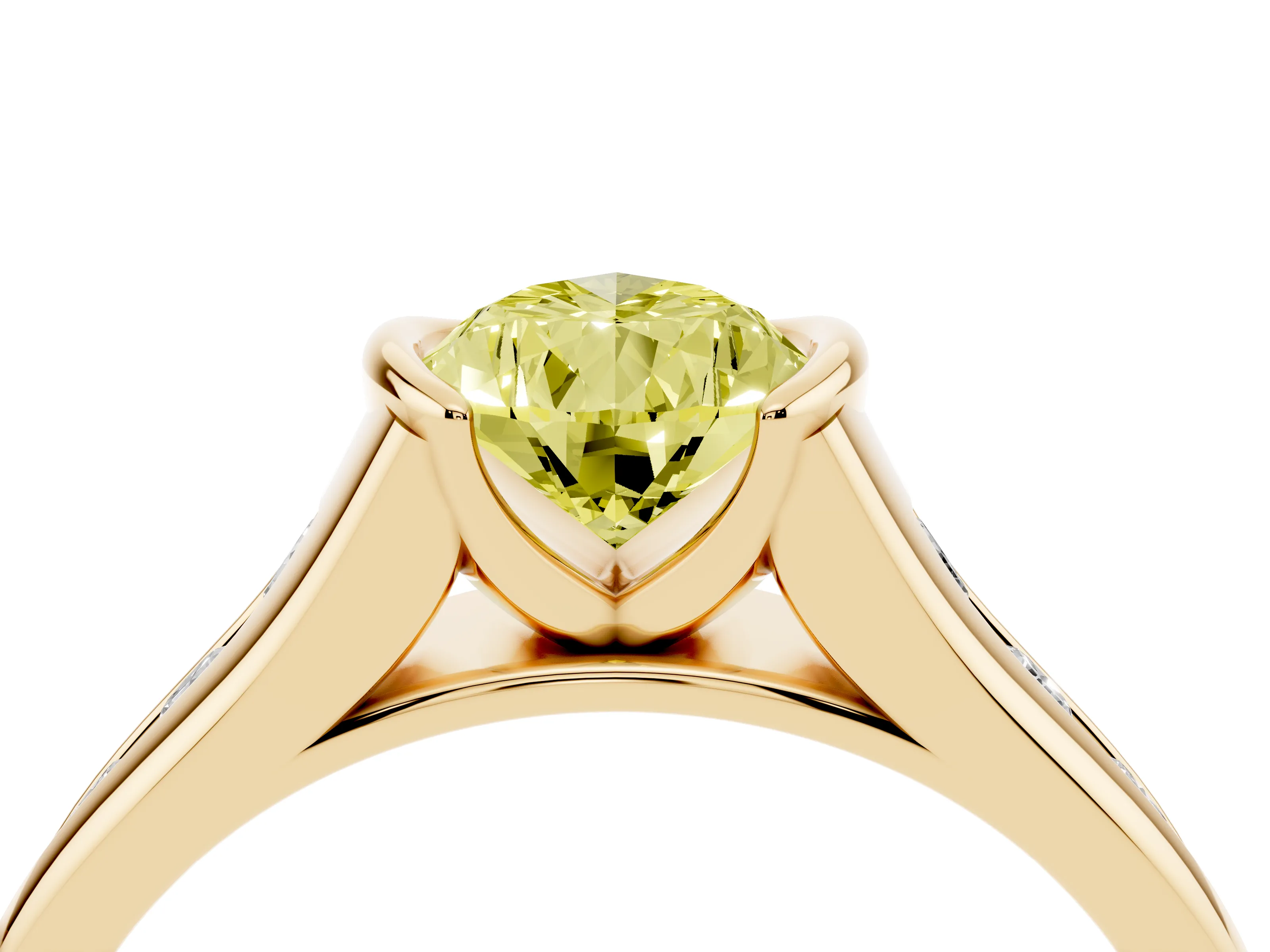 Fancy Yellow Pear Cut Diamond Bezel-Set Solitaire Ring Set in Yellow gold with Channel-Set Band