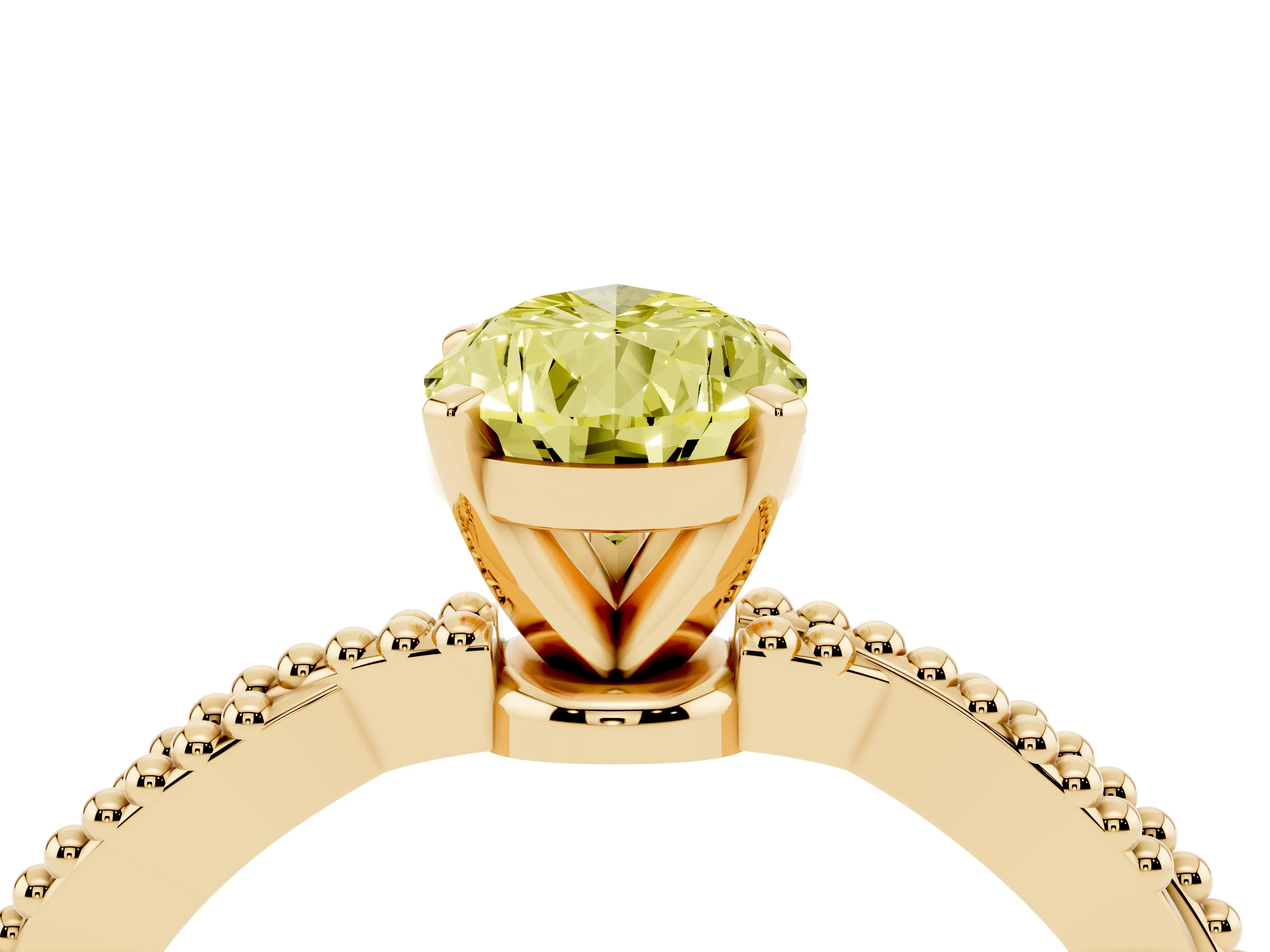 Fancy Yellow Pear Cut Diamond Solitaire Ring Set in Yellow gold with Twisted Band and Bead Prong Setting