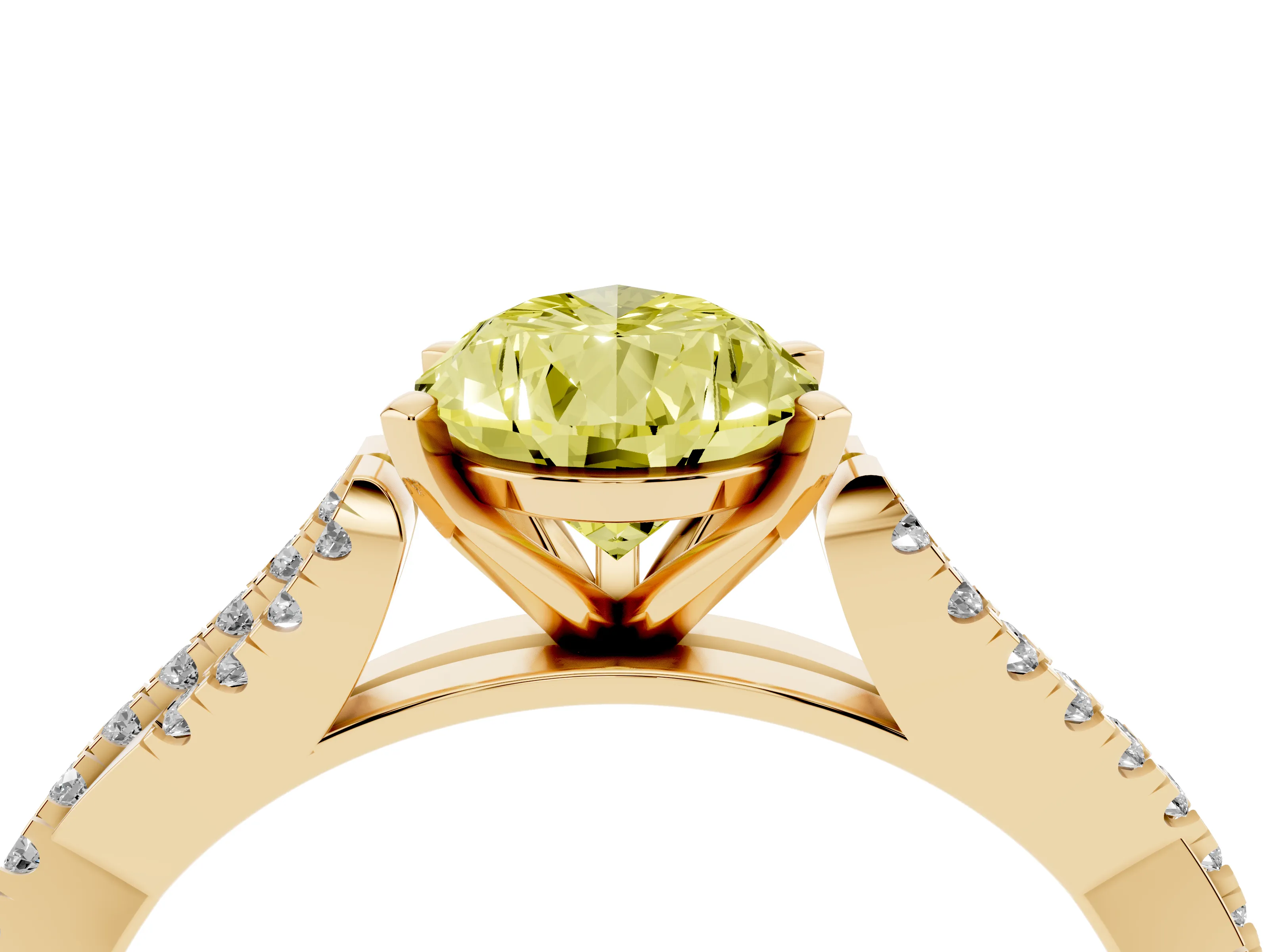 Fancy Yellow Pear Cut Diamond Solitaire Engagement Ring Set in Yellow gold with Twisted Pavé Band and Prong Setting