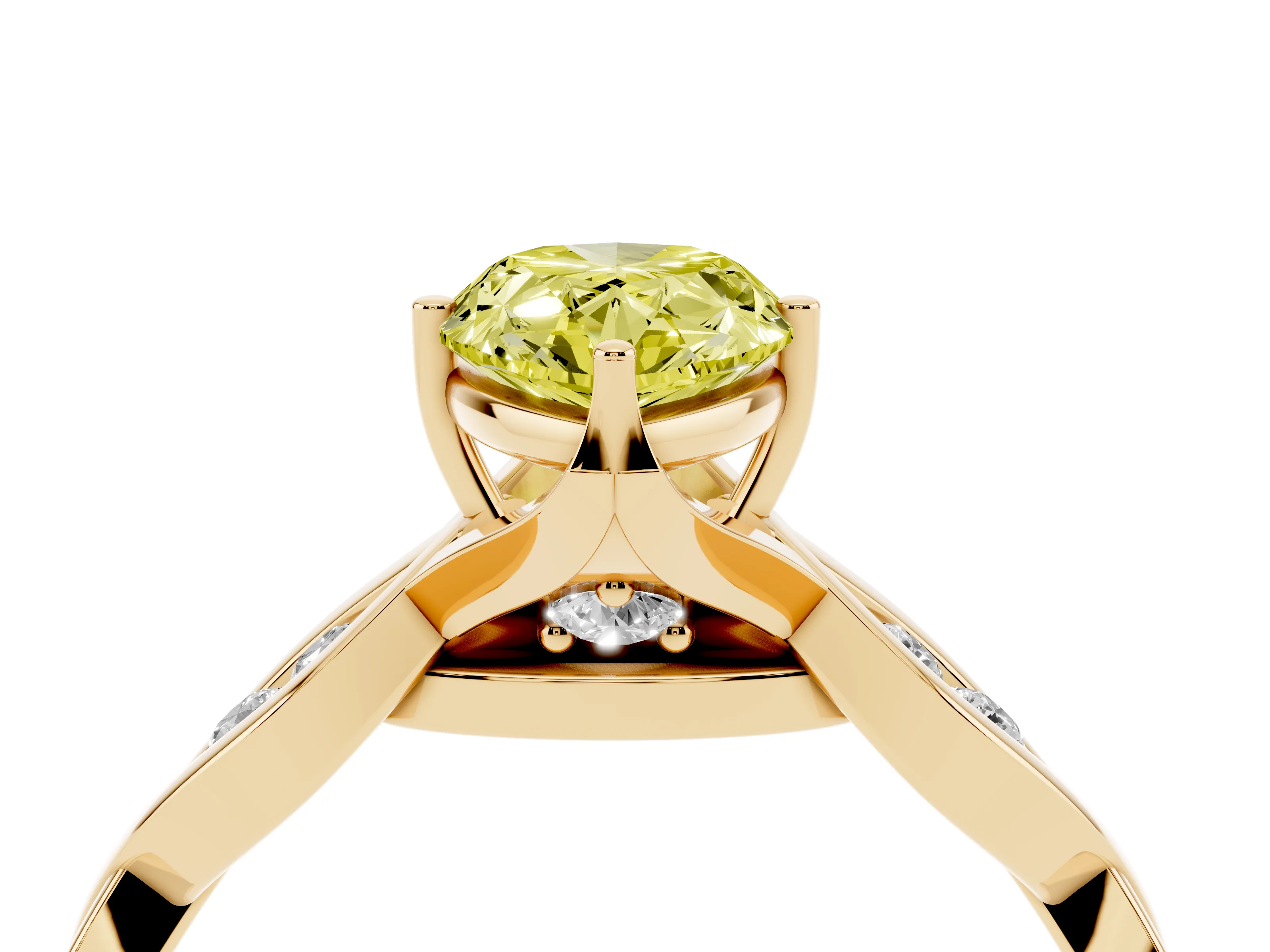 Fancy Yellow Pear Cut Diamond Twist Band Solitaire Ring Set in Yellow gold with Leaf Prong Setting and Accent Stones