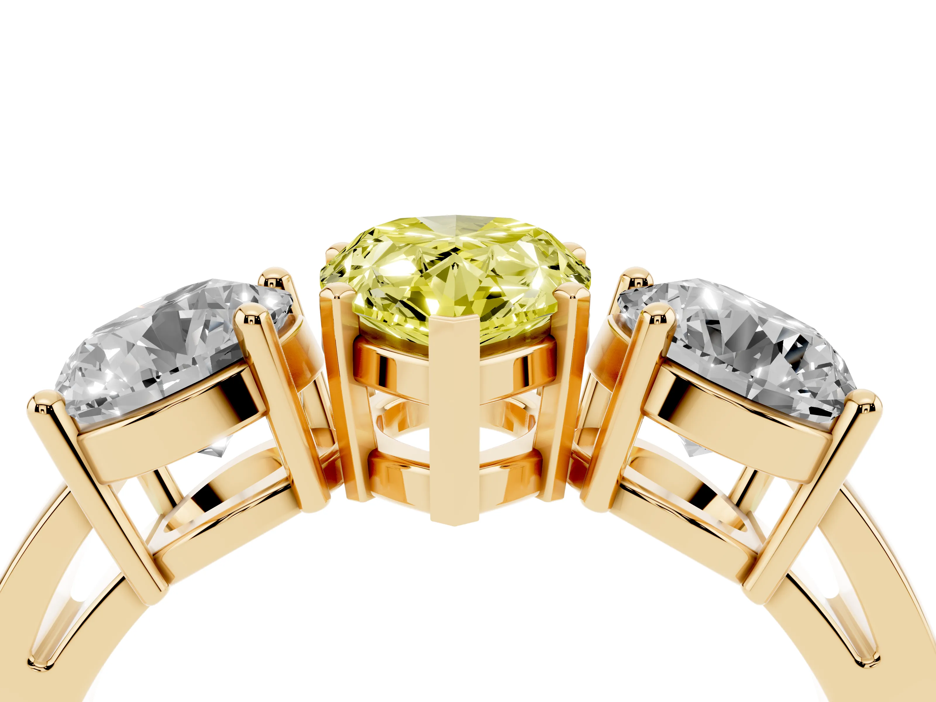 Fancy Yellow Pear Cut Diamond Three-Stone Ring Set in Yellow gold with Round Side Stones and Classic Band