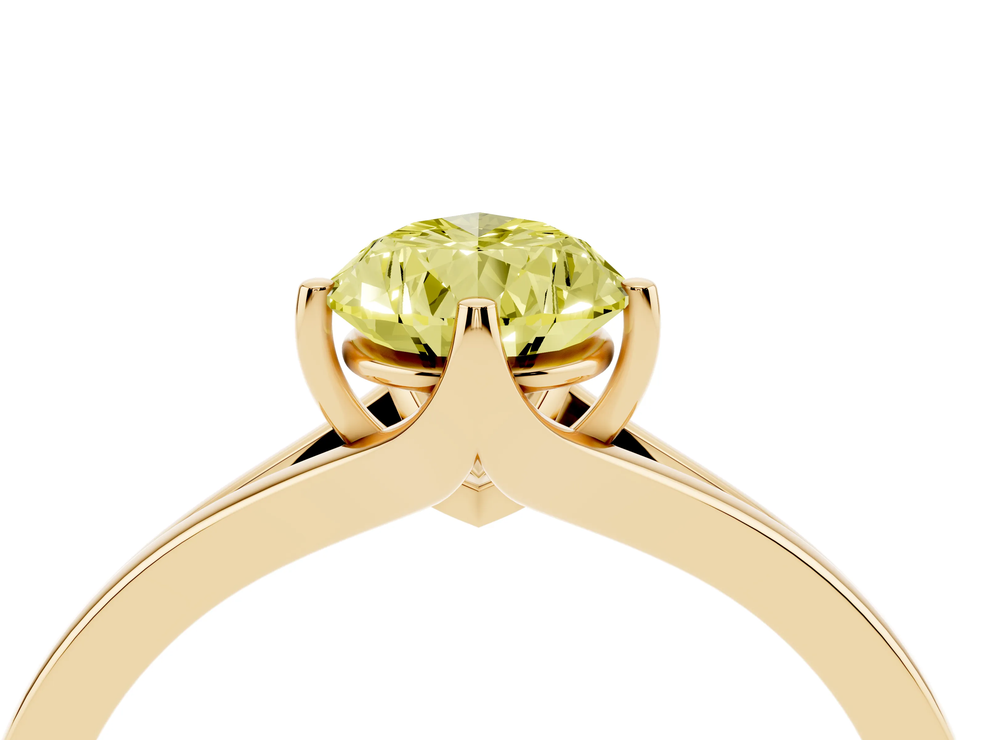 Fancy Yellow Pear Cut Diamond Solitaire Ring Set in Yellow gold with Polished Tapered Band and Prong Setting