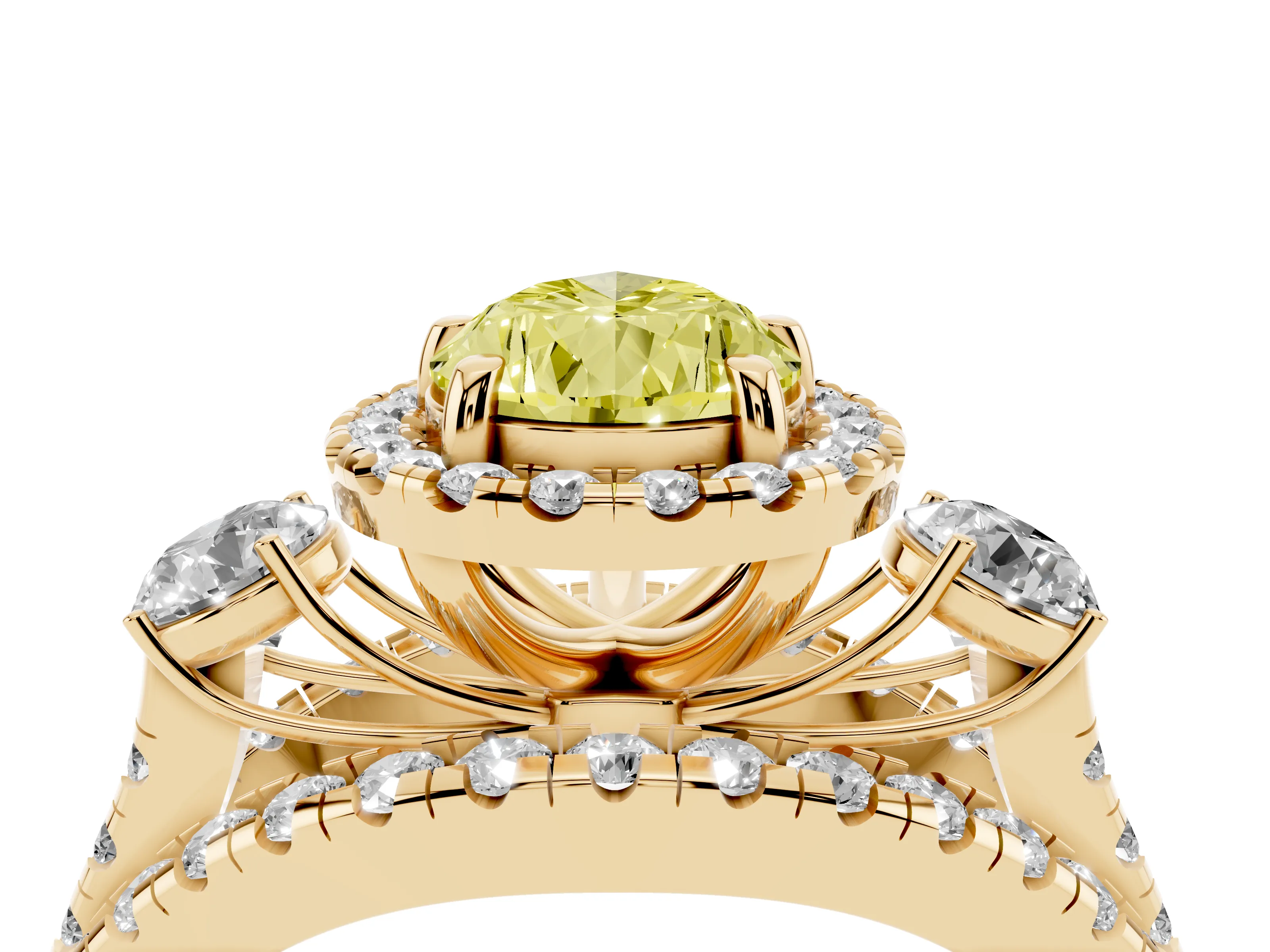 Fancy Yellow Pear Cut Diamond Halo Split Shank Ring Set in Yellow gold with Round Accent Stones and Prong Setting