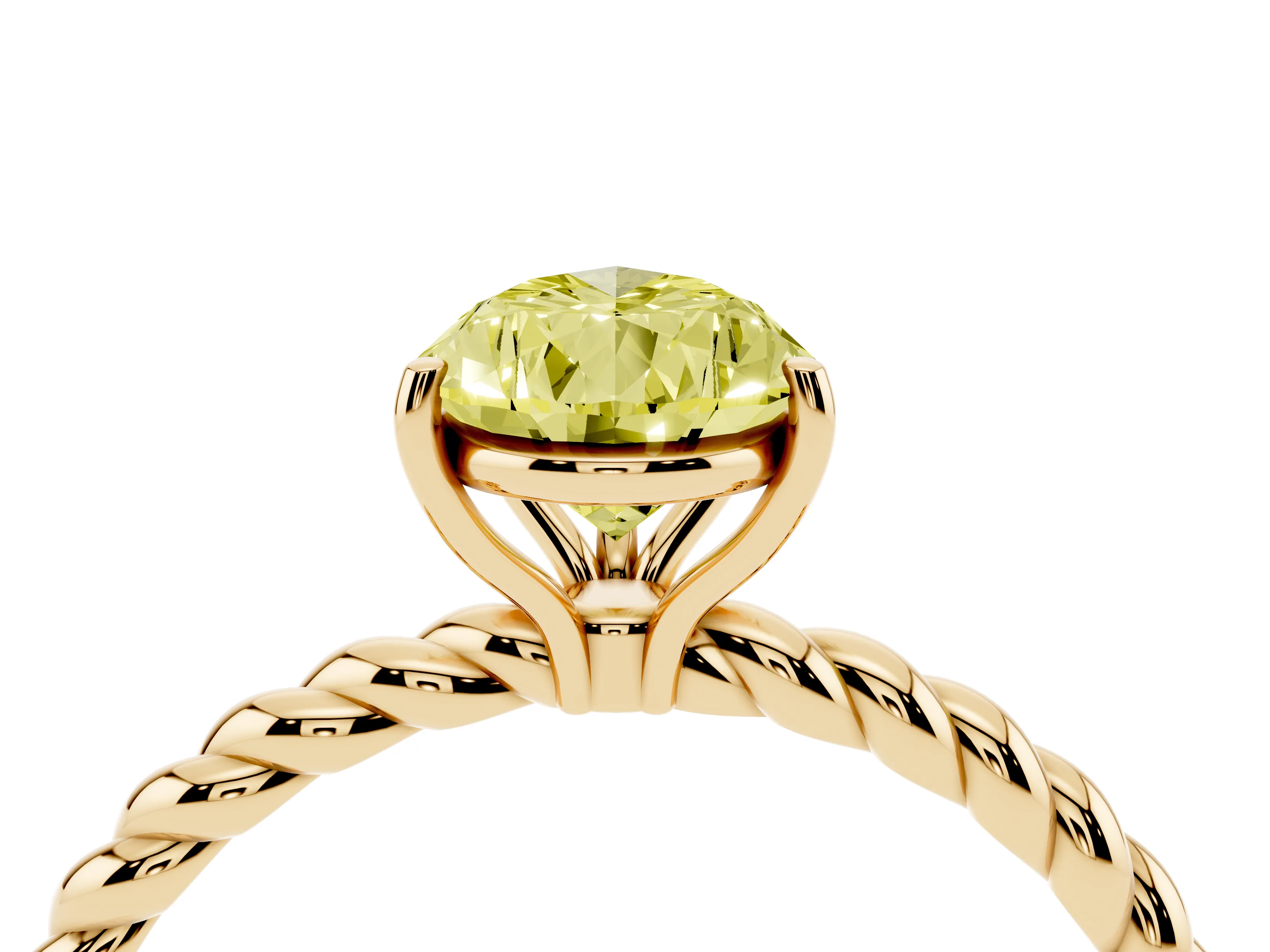 Fancy Yellow Pear Cut Diamond Solitaire Ring Set in Yellow gold with Twist Band and Prong Setting