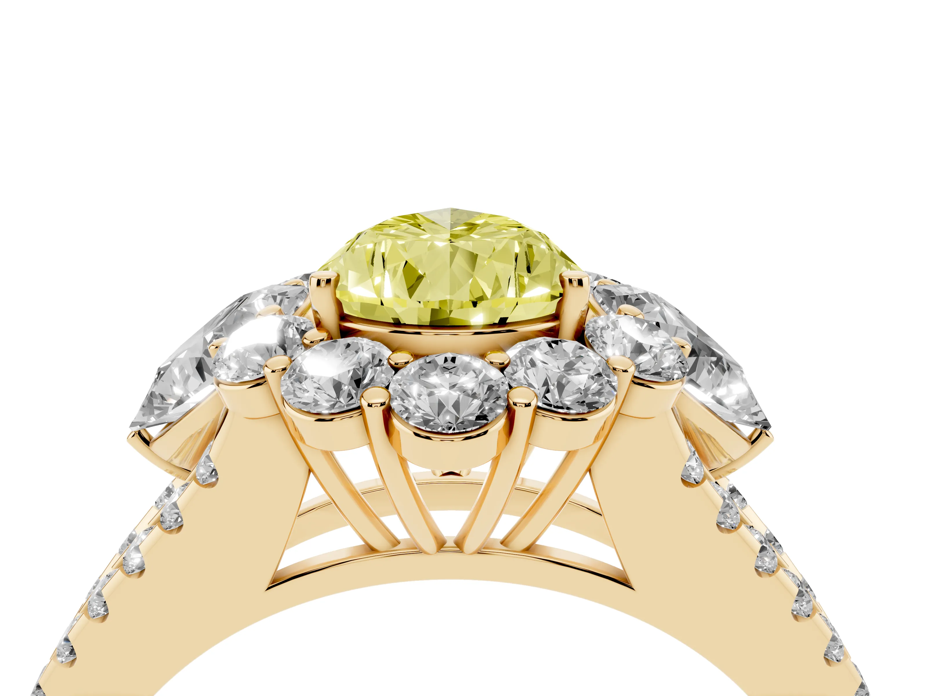 Fancy Yellow Pear Cut Diamond Halo Split Shank Engagement Ring Set in Yellow gold with Prong-Held Center Stone