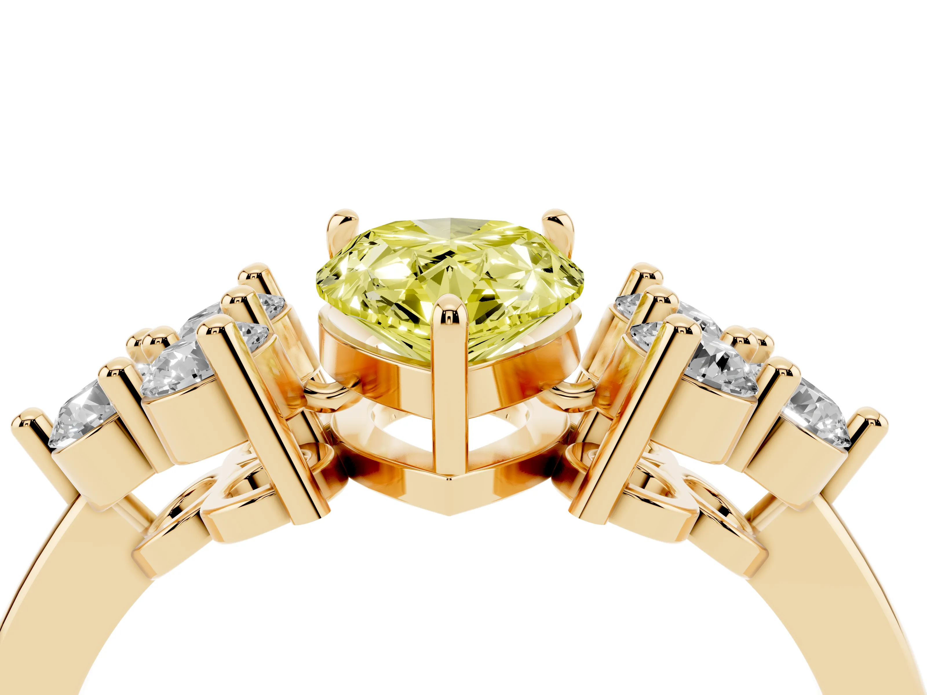 Fancy Yellow Pear Cut Diamond Solitaire Ring Set in Yellow gold with Cluster Accents on Each Side