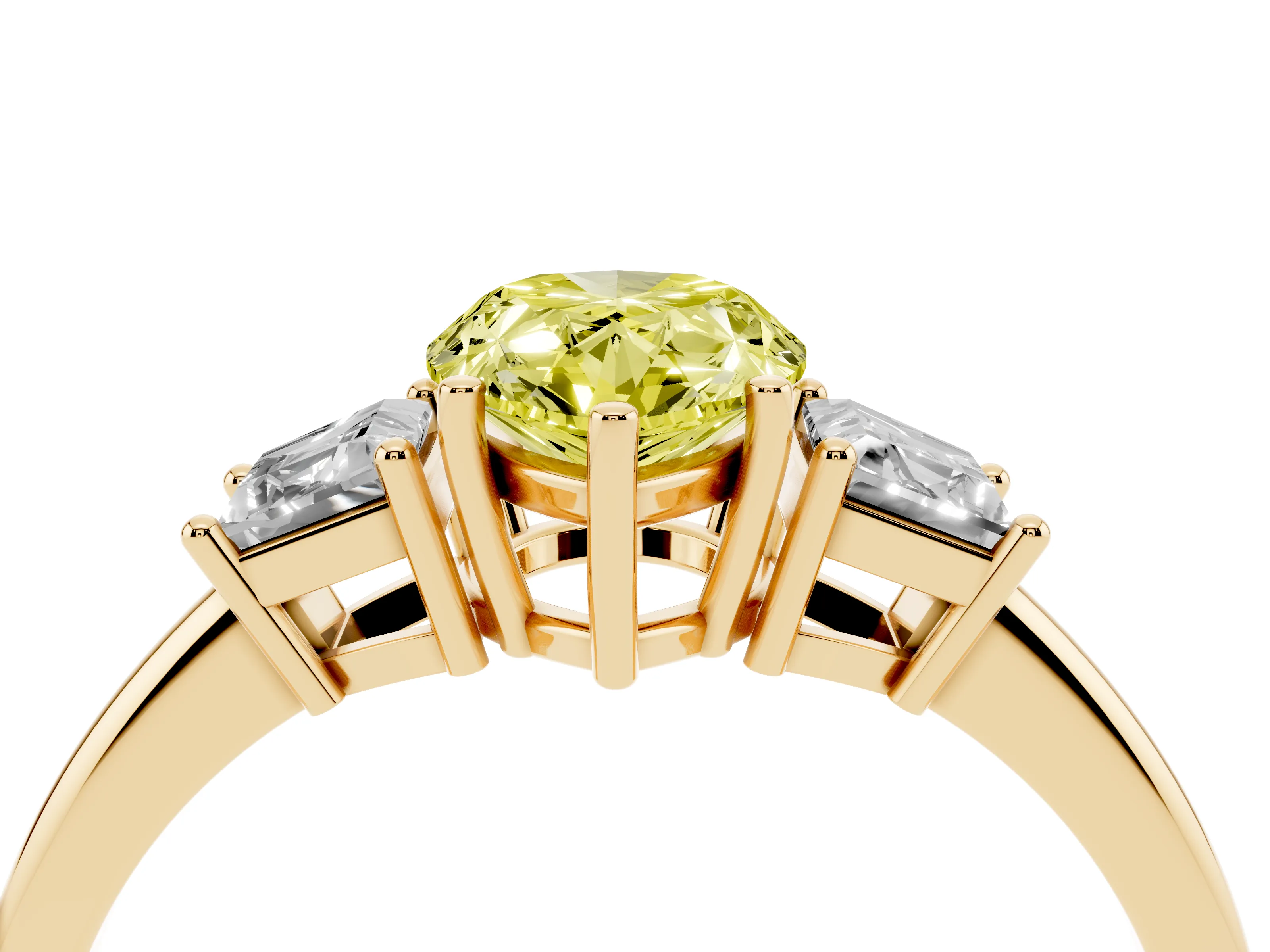 Fancy Yellow Pear Cut Diamond Three-Stone Ring Set in Yellow gold with Trapezoid Side Stones and Prong Setting