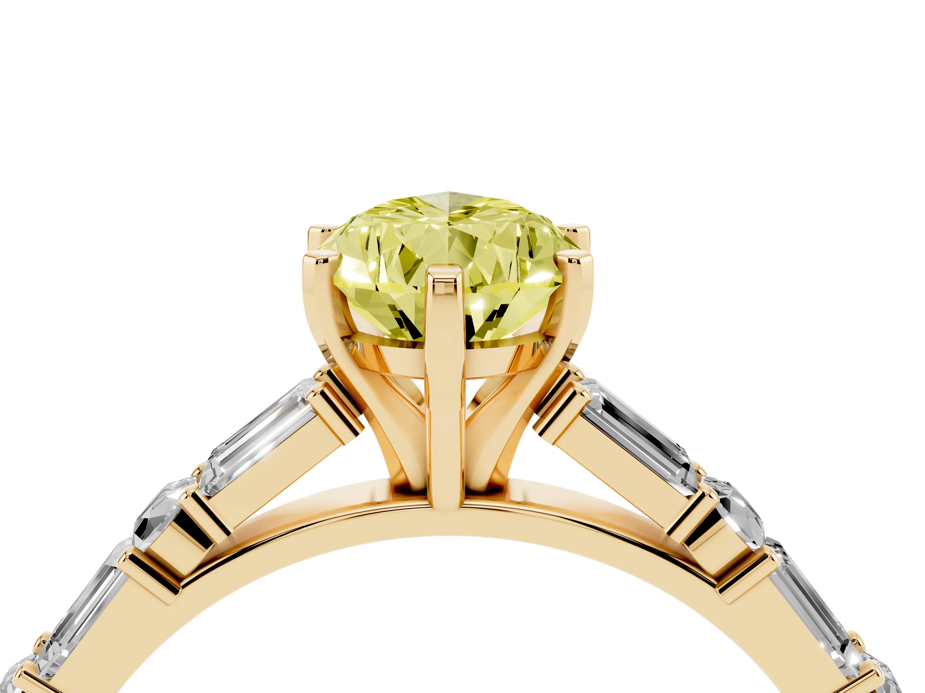 Fancy Yellow Pear Cut Diamond Solitaire Set in Yellow gold with Side Baguettes and Channel Set Band