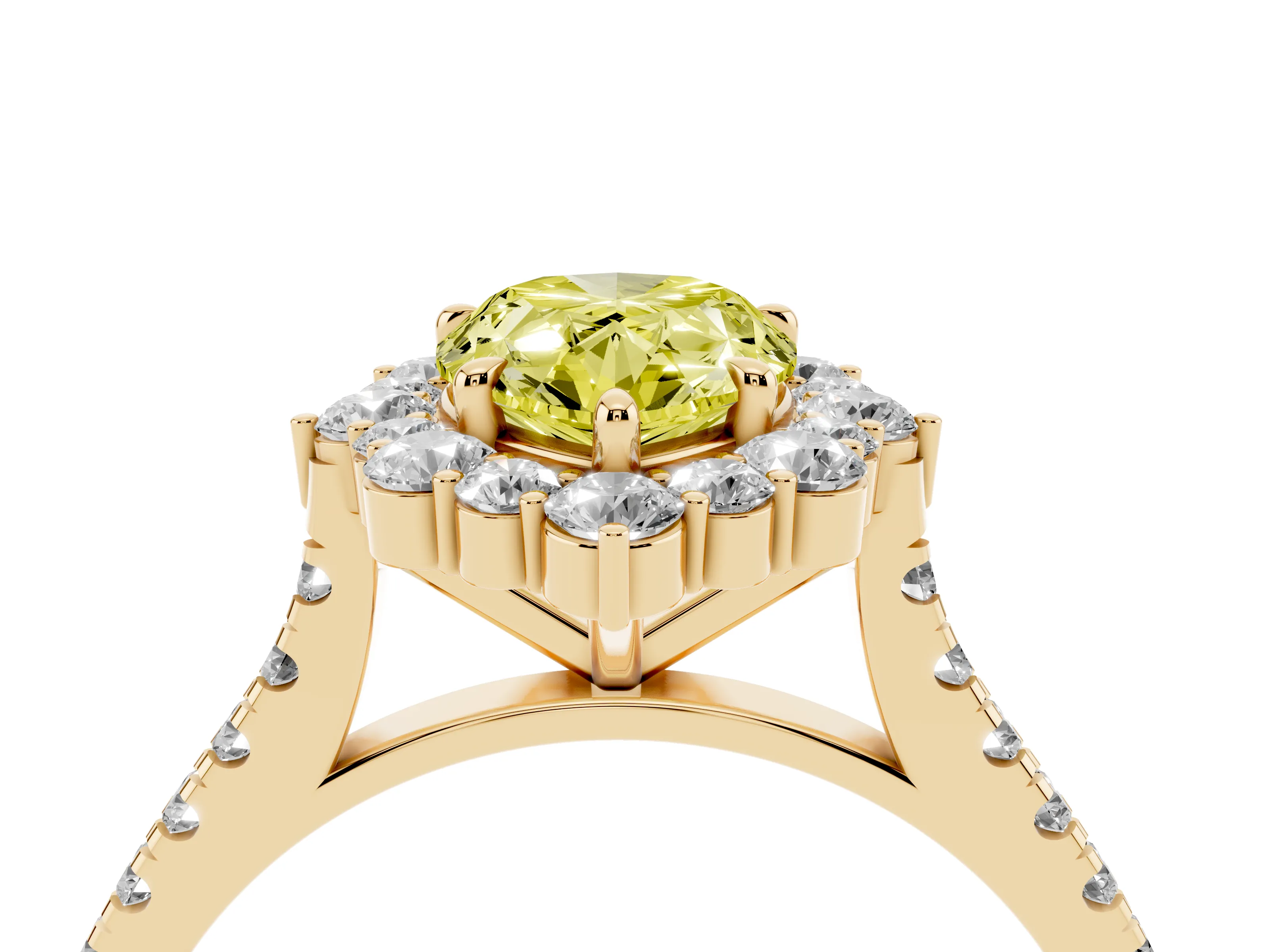 Fancy Yellow Pear Cut Diamond Halo Ring Set in Yellow gold with Pavé Band and Prong Setting