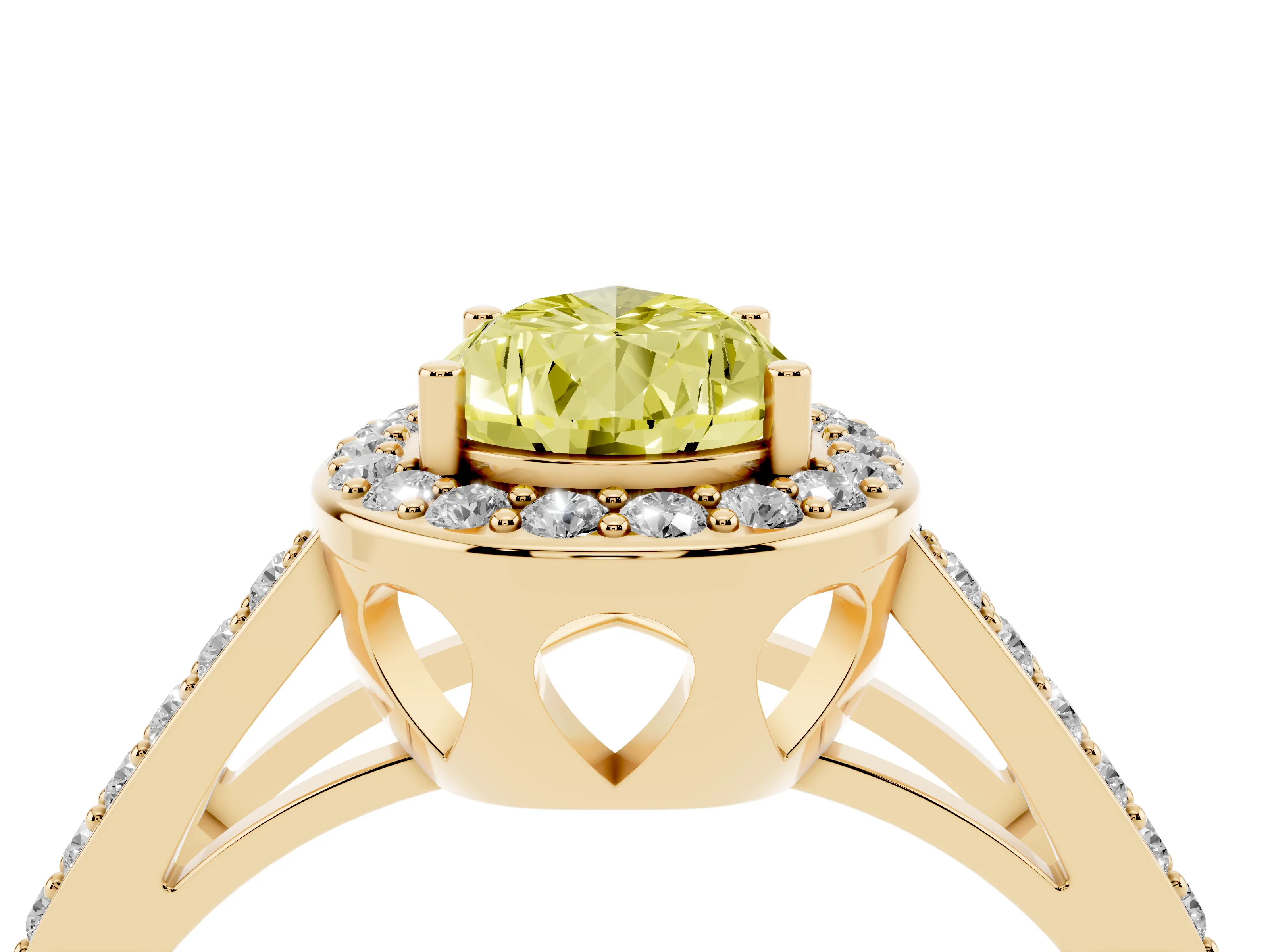 Fancy Yellow Pear Cut Diamond Halo Ring Set in Yellow gold with U-Prong Split Shank and Prong Setting