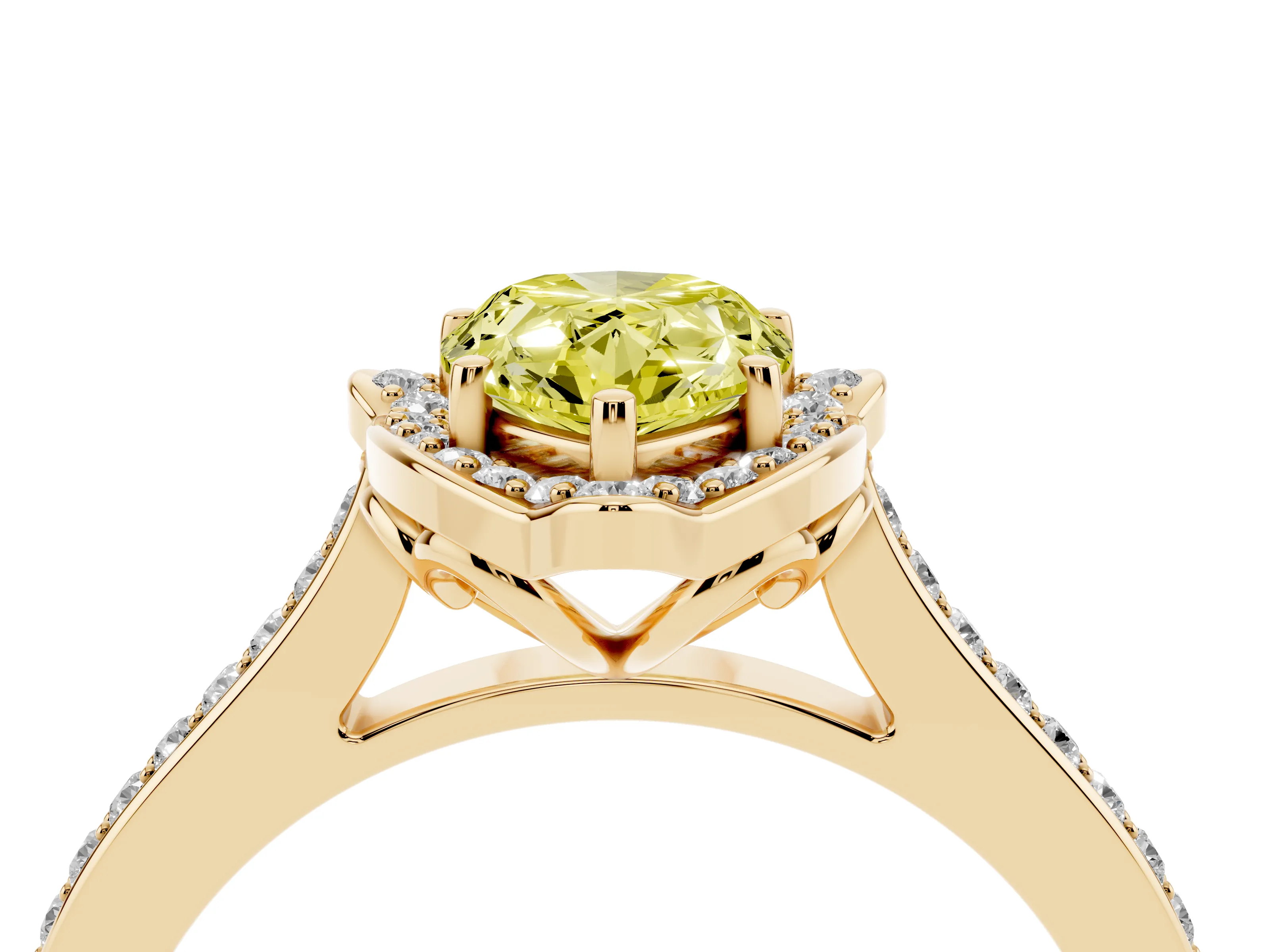 Fancy Yellow Pear Cut Diamond Halo Ring Set in Yellow gold with Pavé-Lined Shoulders and Prong Setting