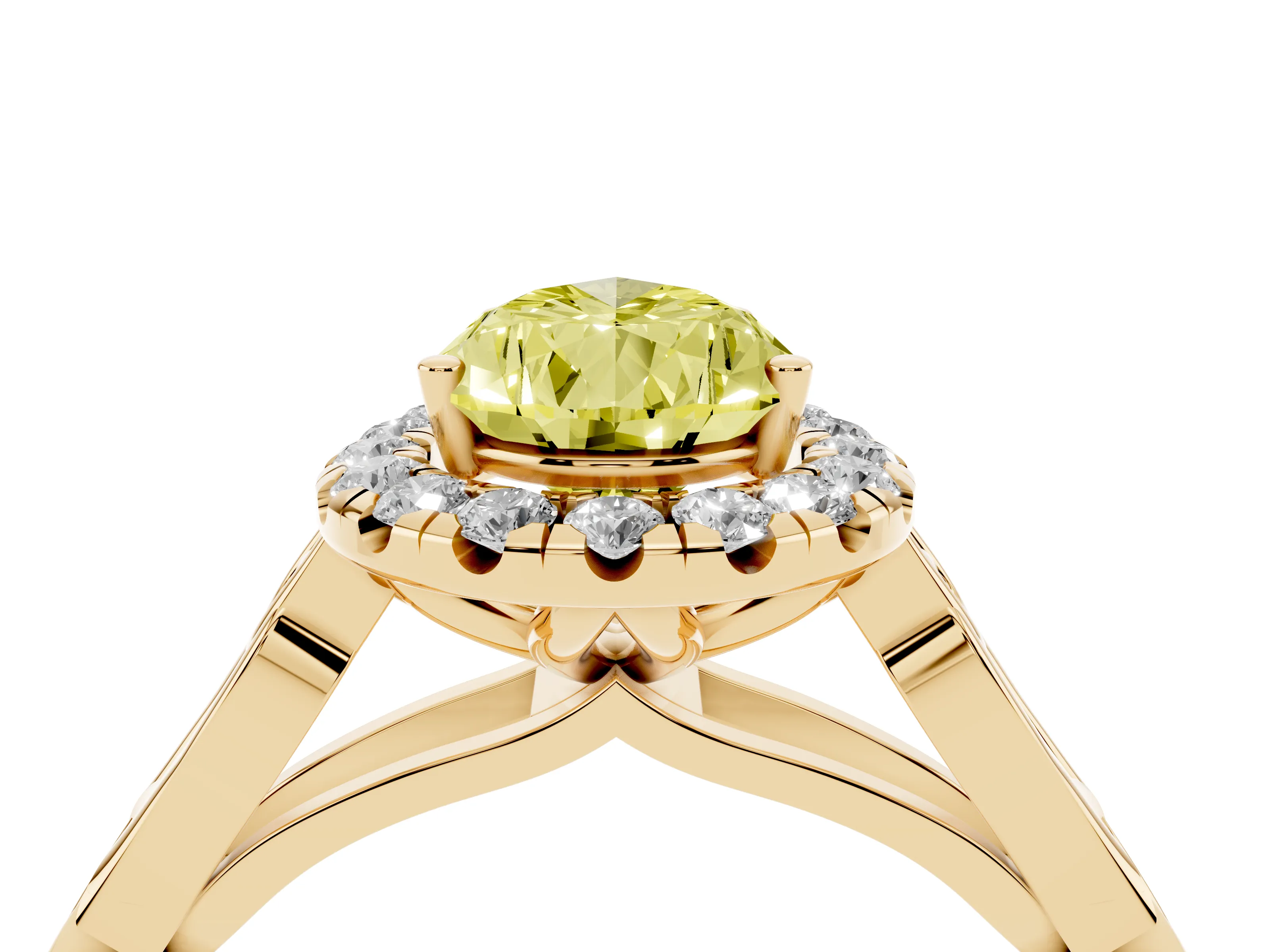 Fancy Yellow Pear Cut Diamond Halo Engagement Ring Set in Yellow gold with Filigree Band and Prong-Set Center
