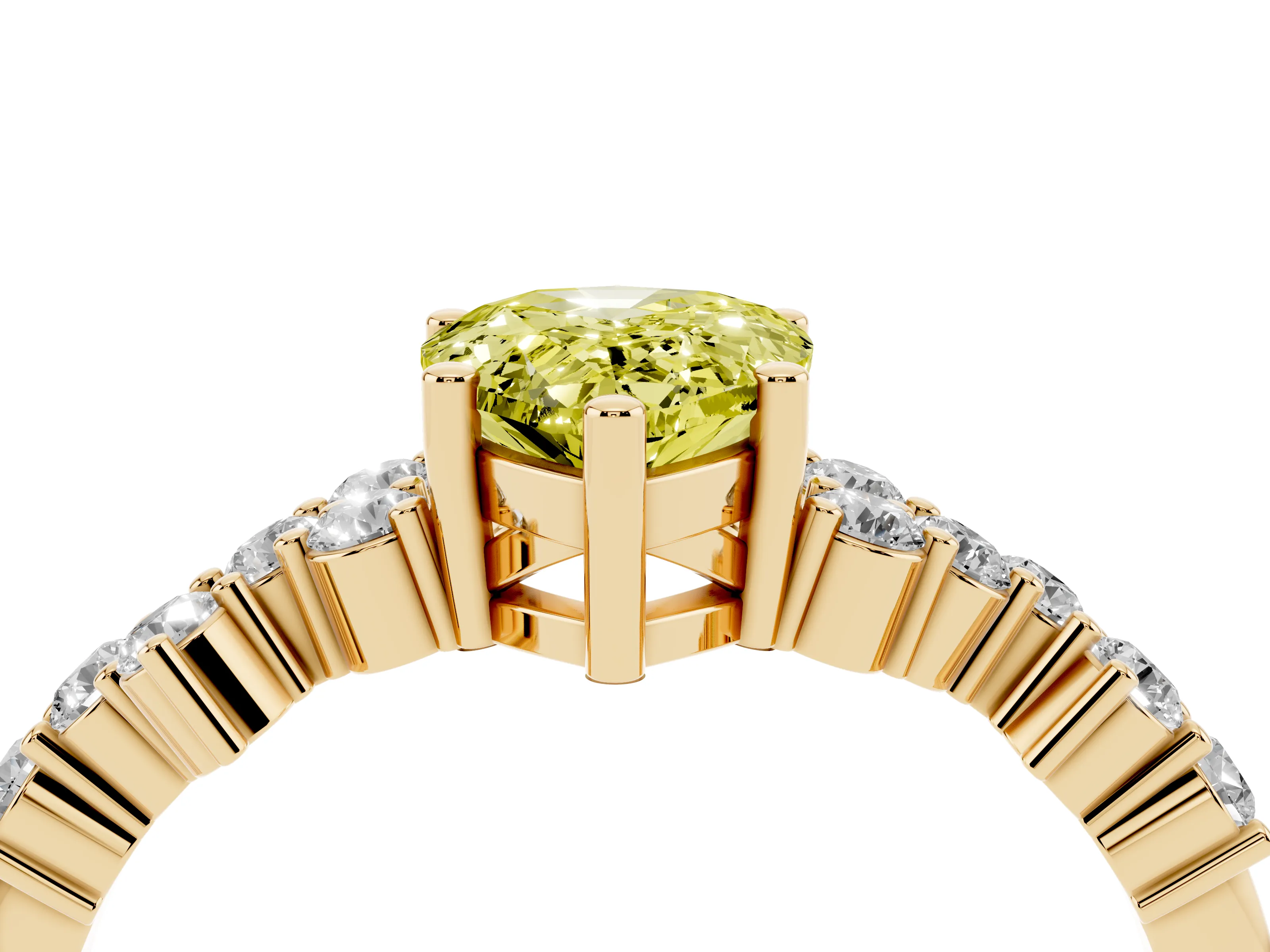 Fancy Yellow Pear Cut Diamond Ring Set in Yellow gold with Scattered Round Accents