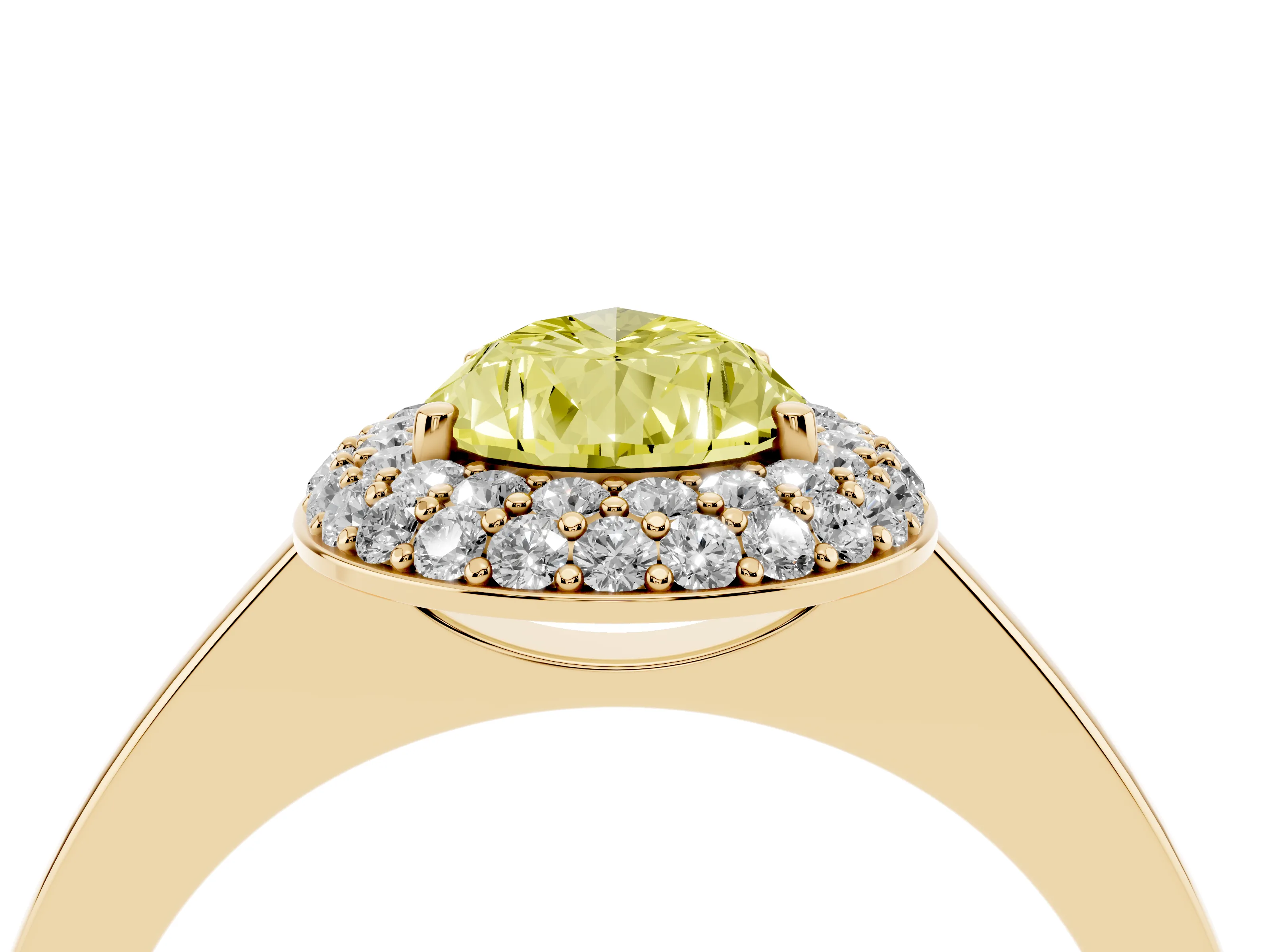 Fancy Yellow Pear Cut Diamond Halo Engagement Ring Set in Yellow gold with Solitaire Band and Prong Setting