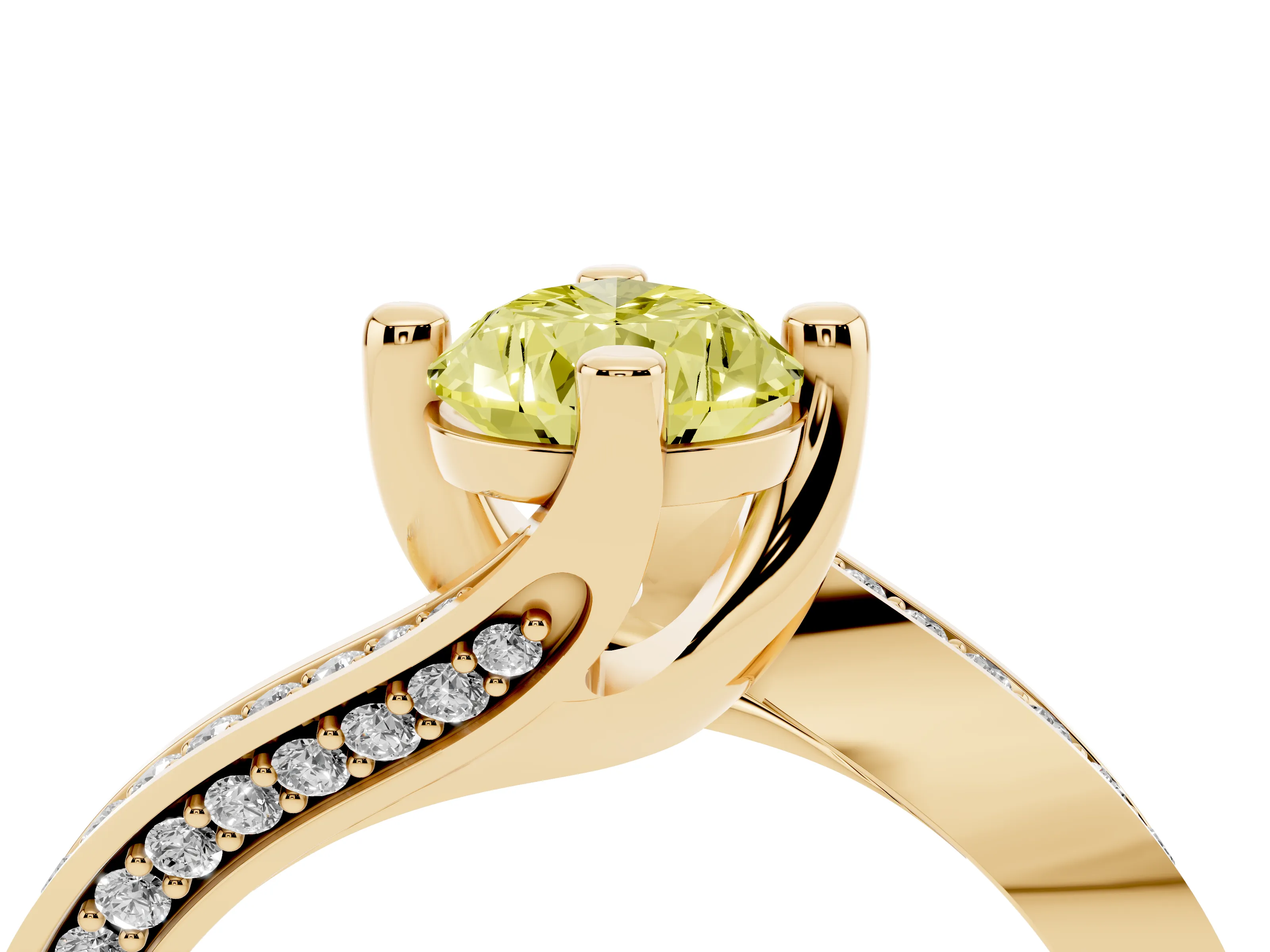 Fancy Yellow Pear Cut Diamond Solitaire Ring Set in Yellow gold with Intertwined Pavé Twist Band