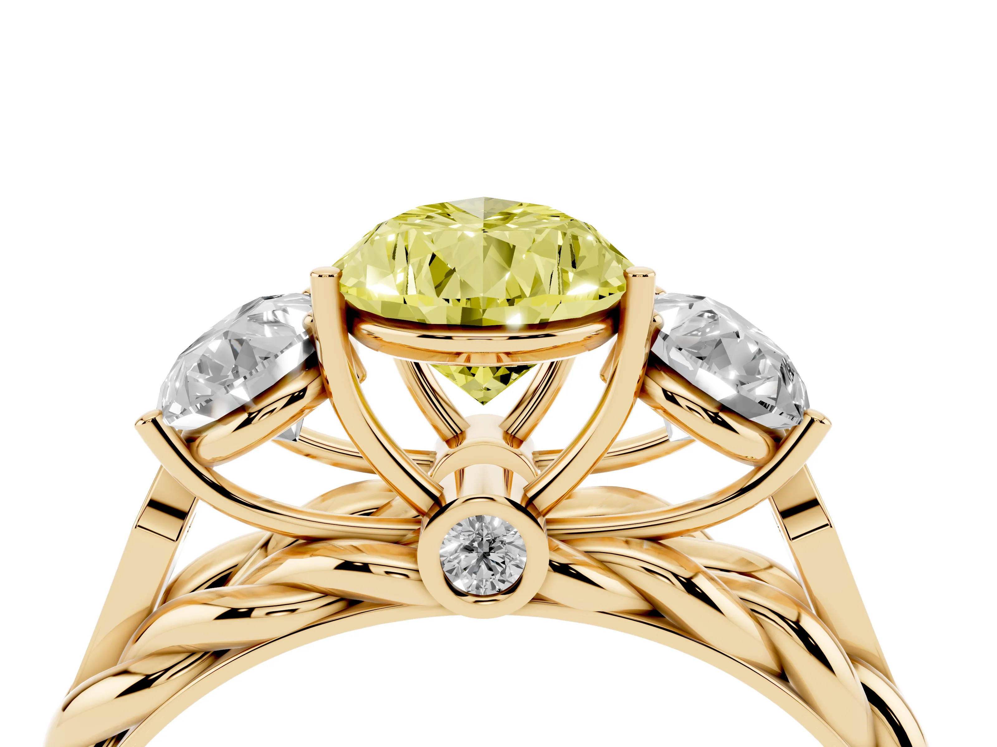 Fancy Yellow Pear Cut Diamond Three-Stone Ring Set in Yellow gold with Braided Band