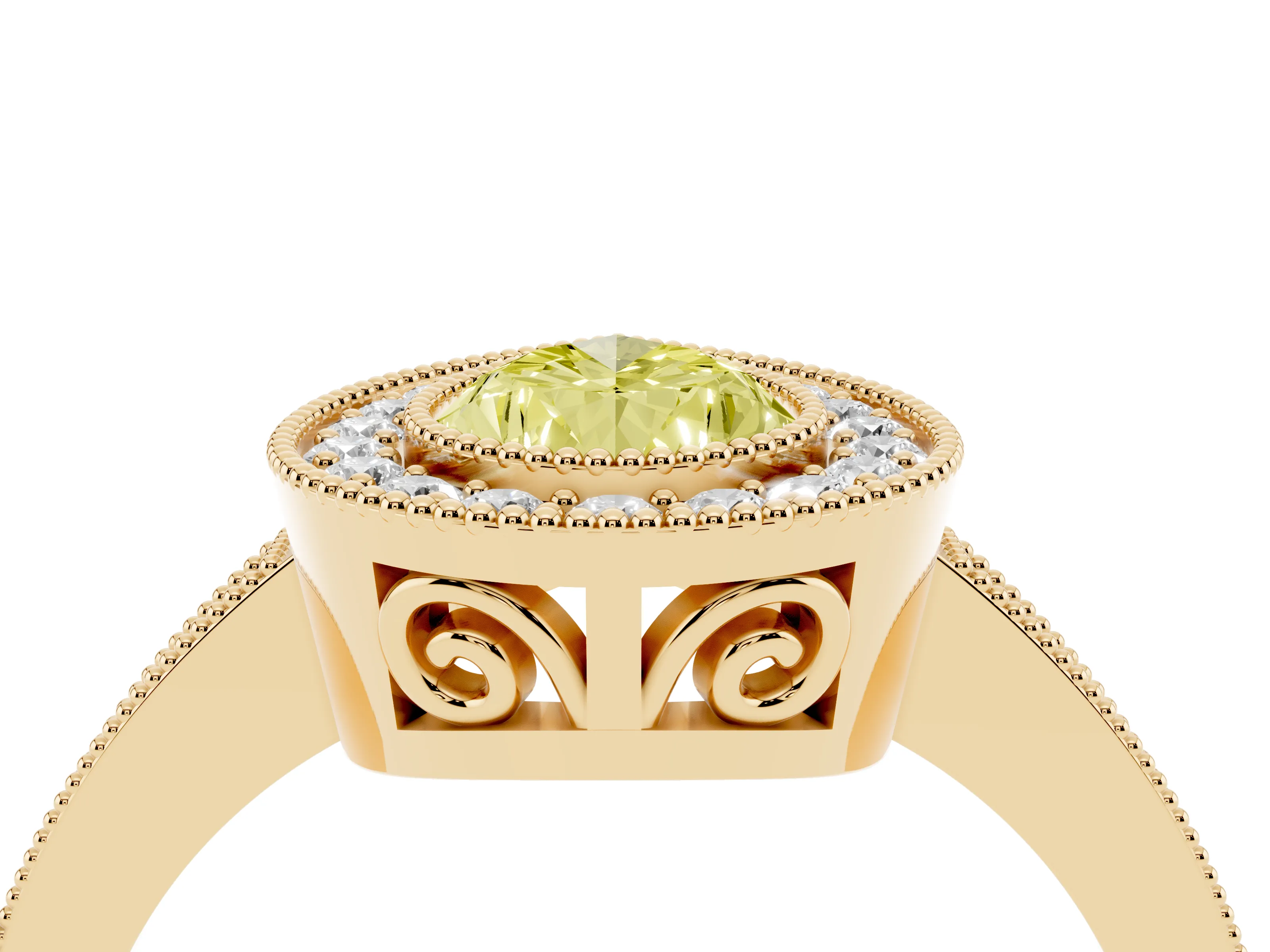 Fancy Yellow Pear Cut Diamond Round Halo Ring Set in Yellow gold with Pavé Band