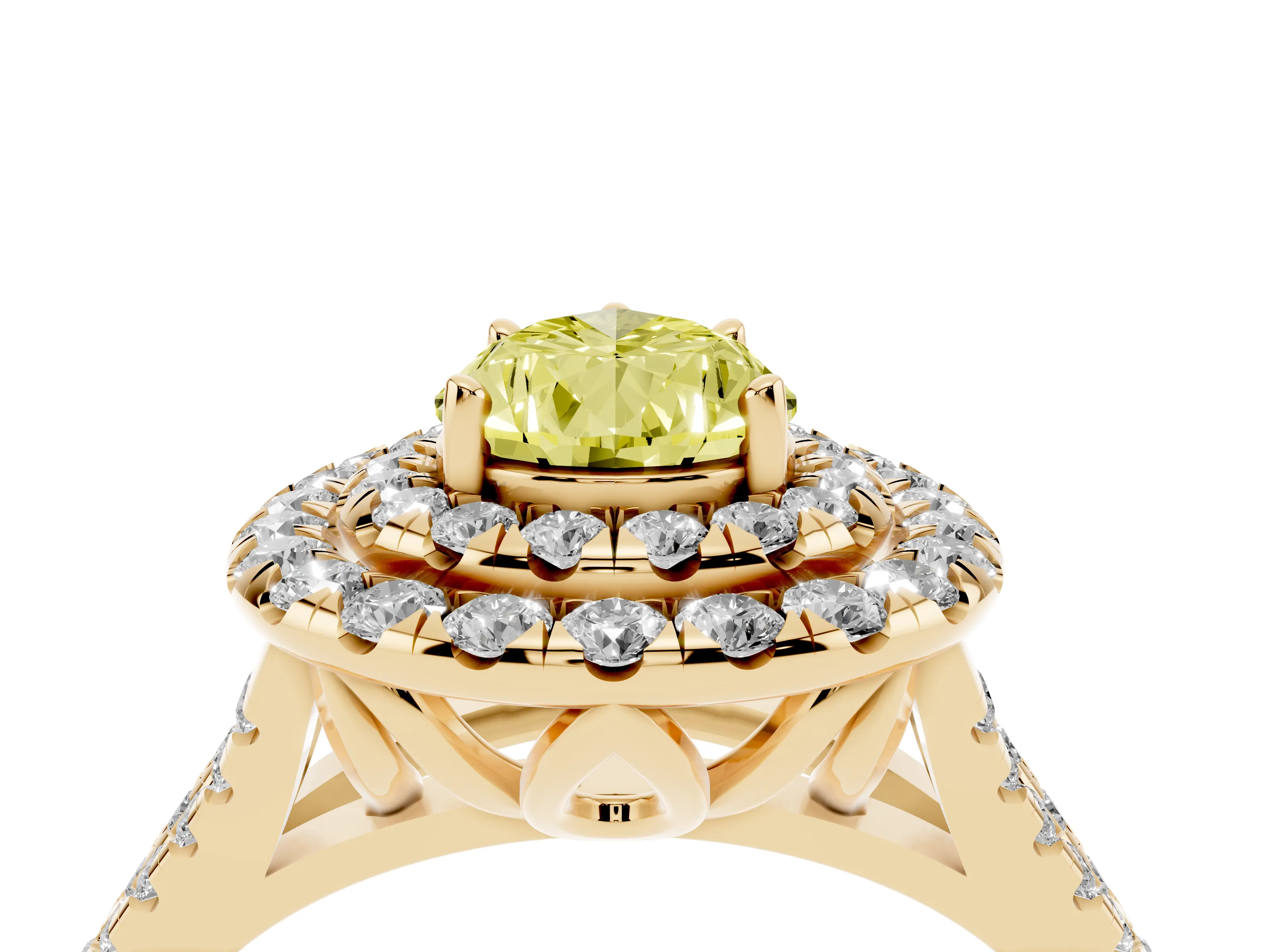 Fancy Yellow Pear Cut Diamond Double Halo Ring Set in Yellow gold with Pavé Split Shank and Prong Setting