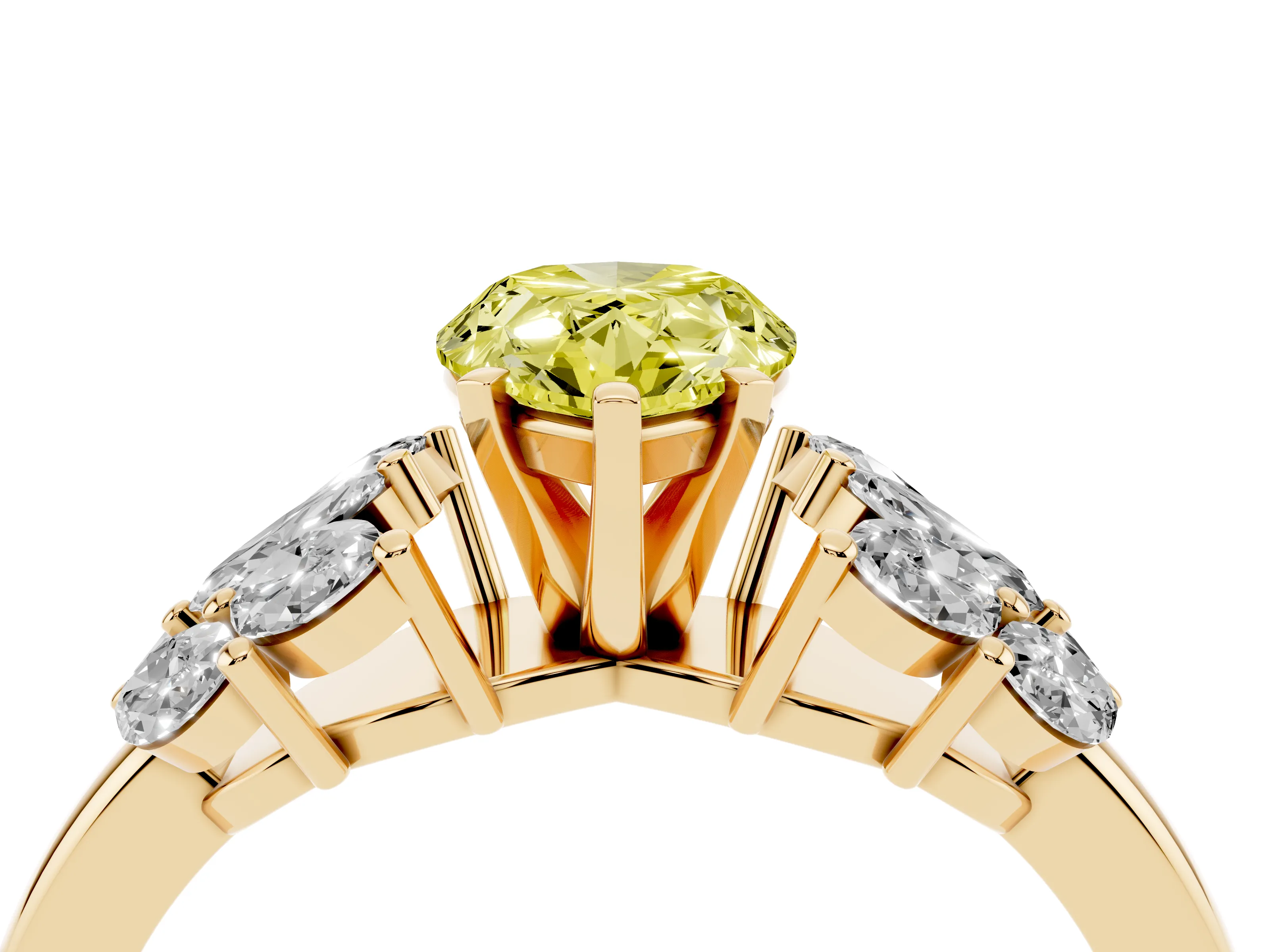 Fancy Yellow Pear Cut Diamond Cluster Leaf Design Ring Set in Yellow gold with Prong Setting