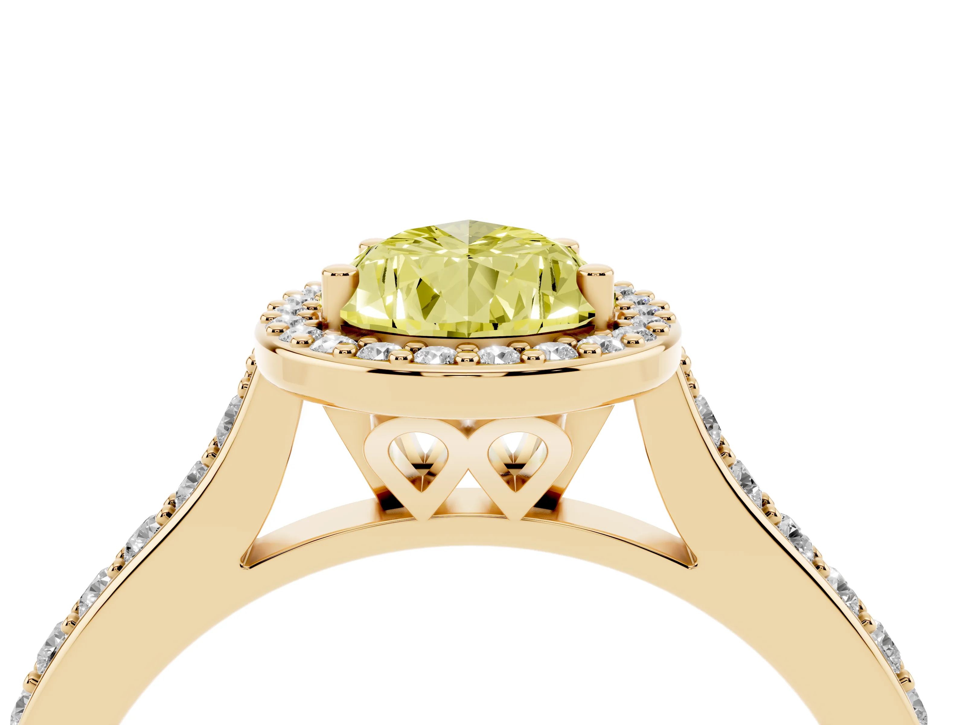 Fancy Yellow Pear Cut Diamond Halo Engagement Ring Set in Yellow gold with Round Pavé Shoulders and Heart Gallery