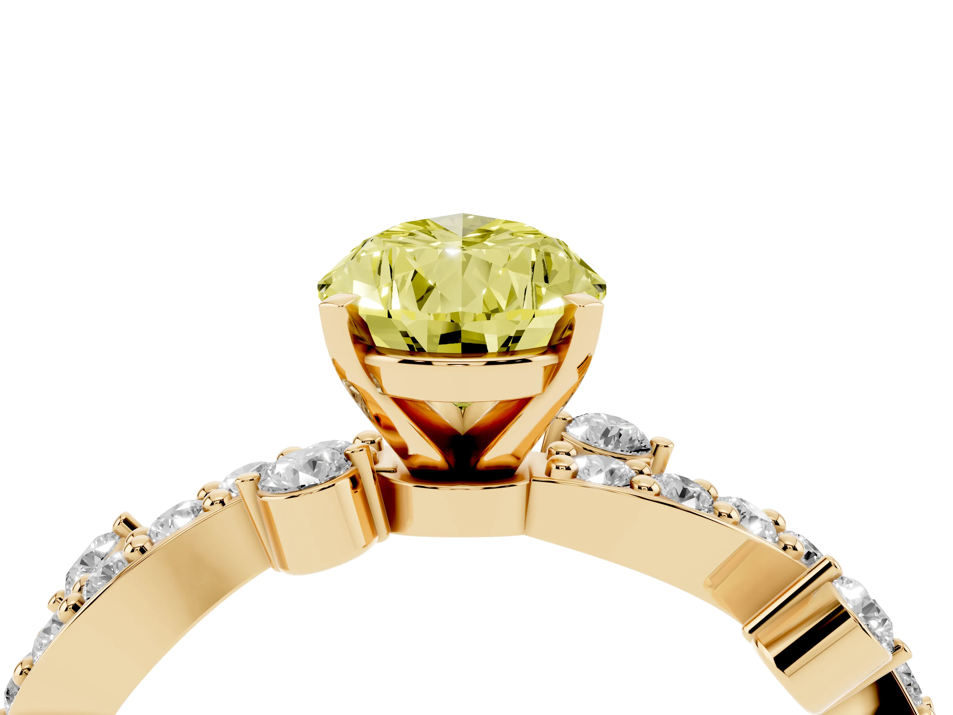 Fancy Yellow Pear Cut Diamond Solitaire Twisted Band Set in Yellow gold with Pavé Setting