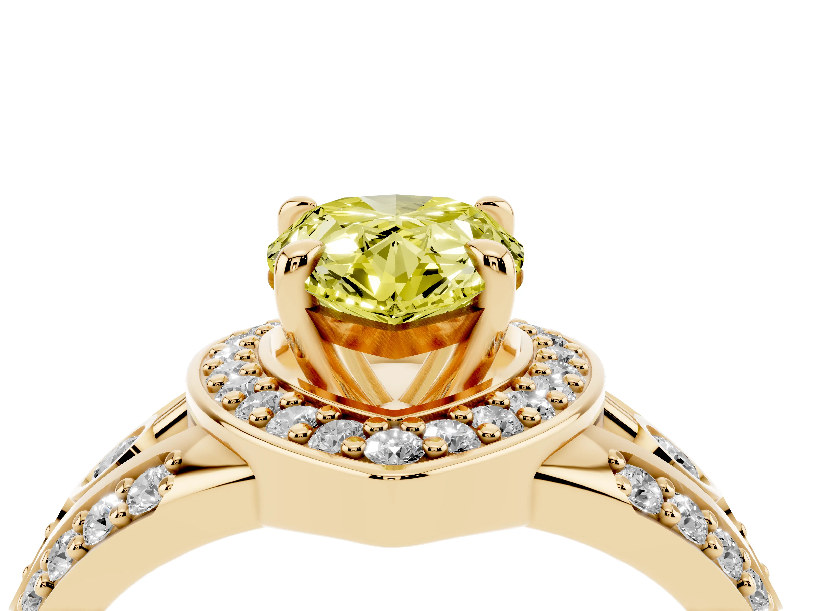 Fancy Yellow Pear Cut Diamond Halo Ring Set in Yellow gold with Pavé Split Shank and Bezel Accents