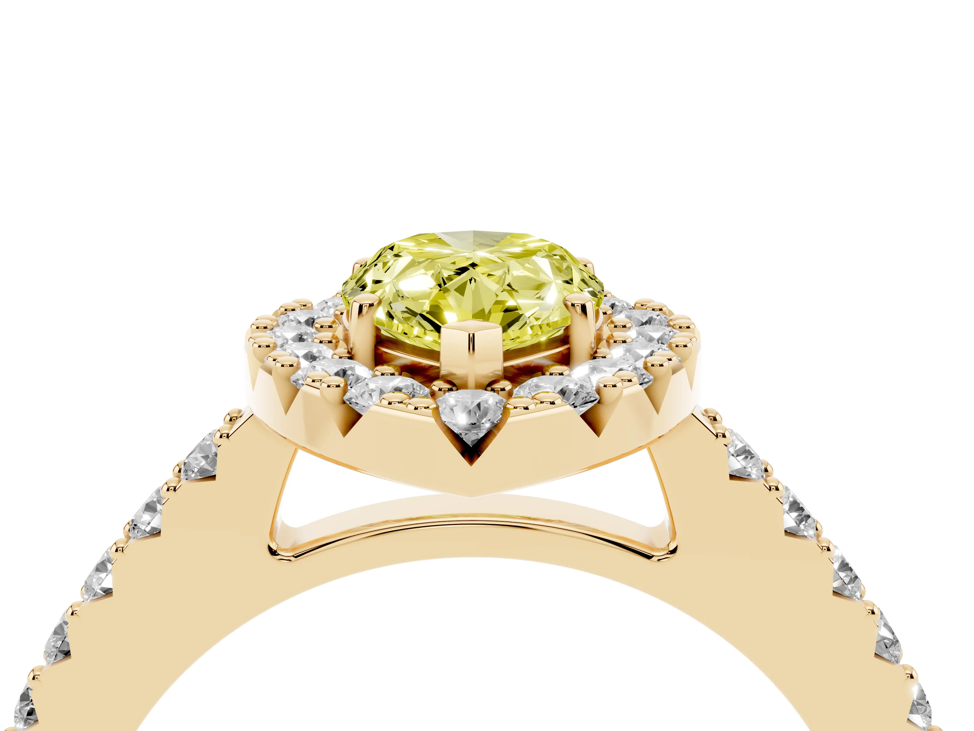 Fancy Yellow Pear Cut Diamond Halo Pavé Solitaire Ring Set in Yellow gold with Prong-Set Center Stone