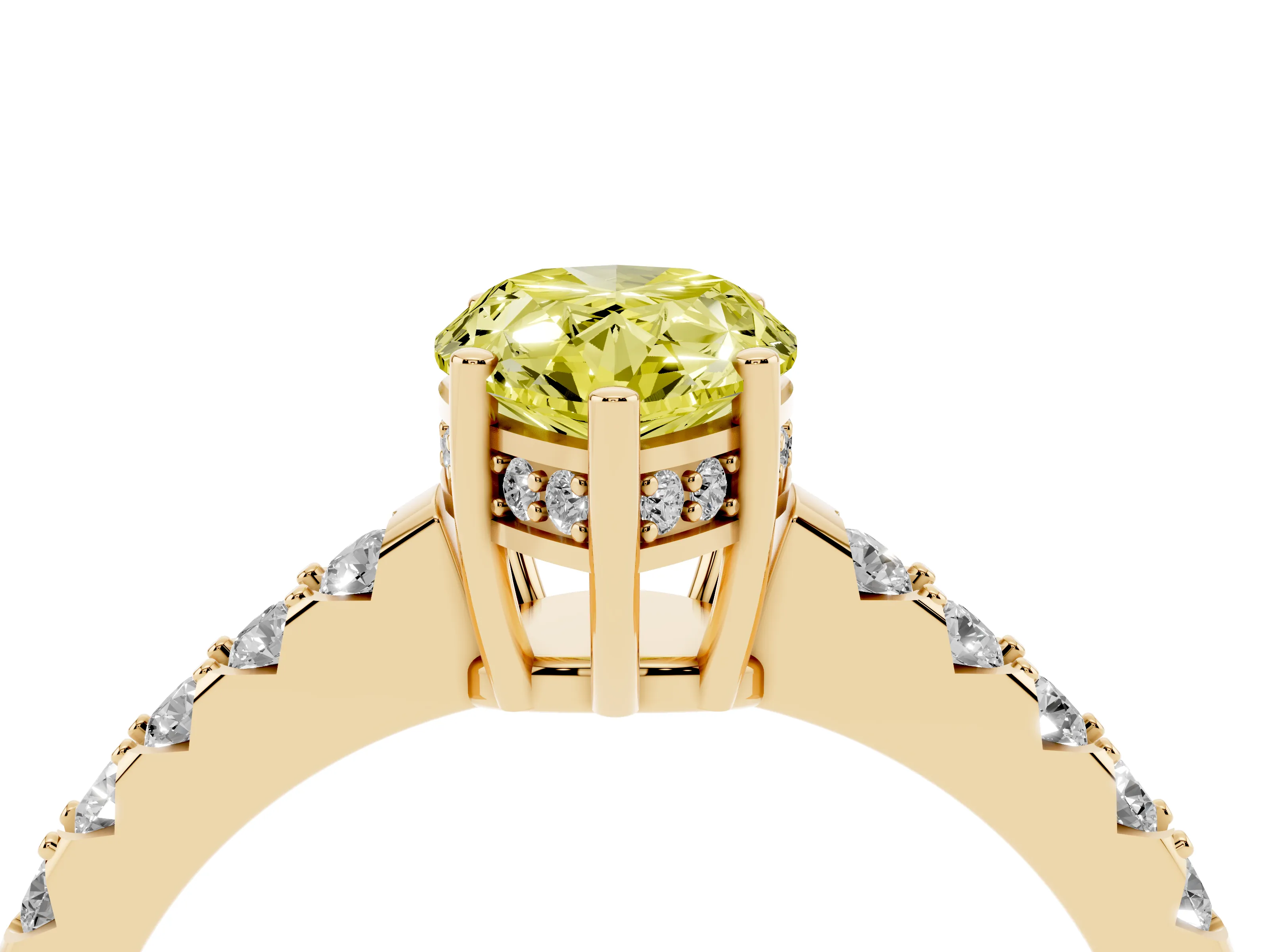 Fancy Yellow Pear Cut Diamond Solitaire Engagement Ring Set in Yellow gold with Pavé Band and Prong Setting